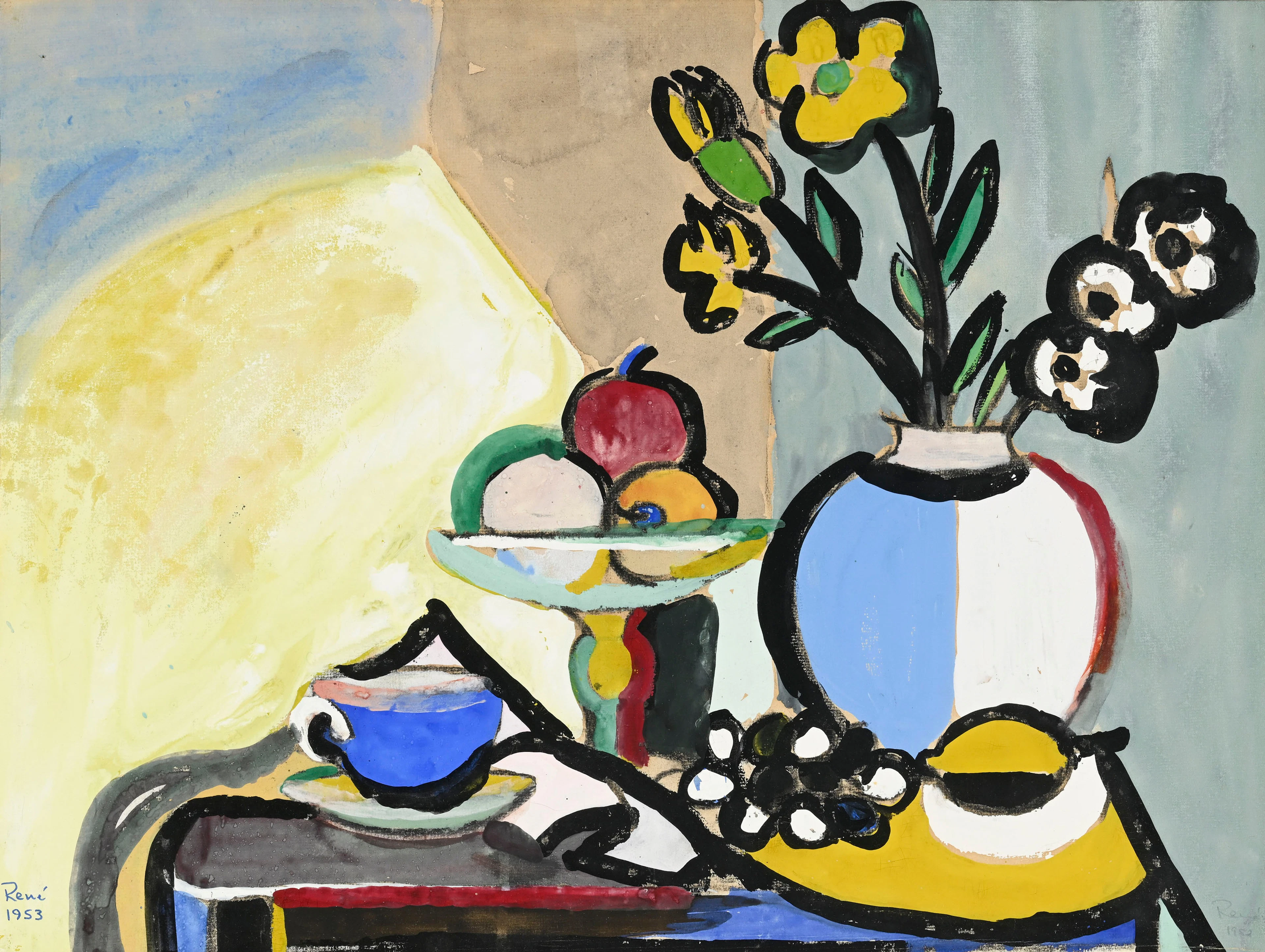 Ecole du XXe s., Nature morte au vase fleuri et fruits, 1953, gouache