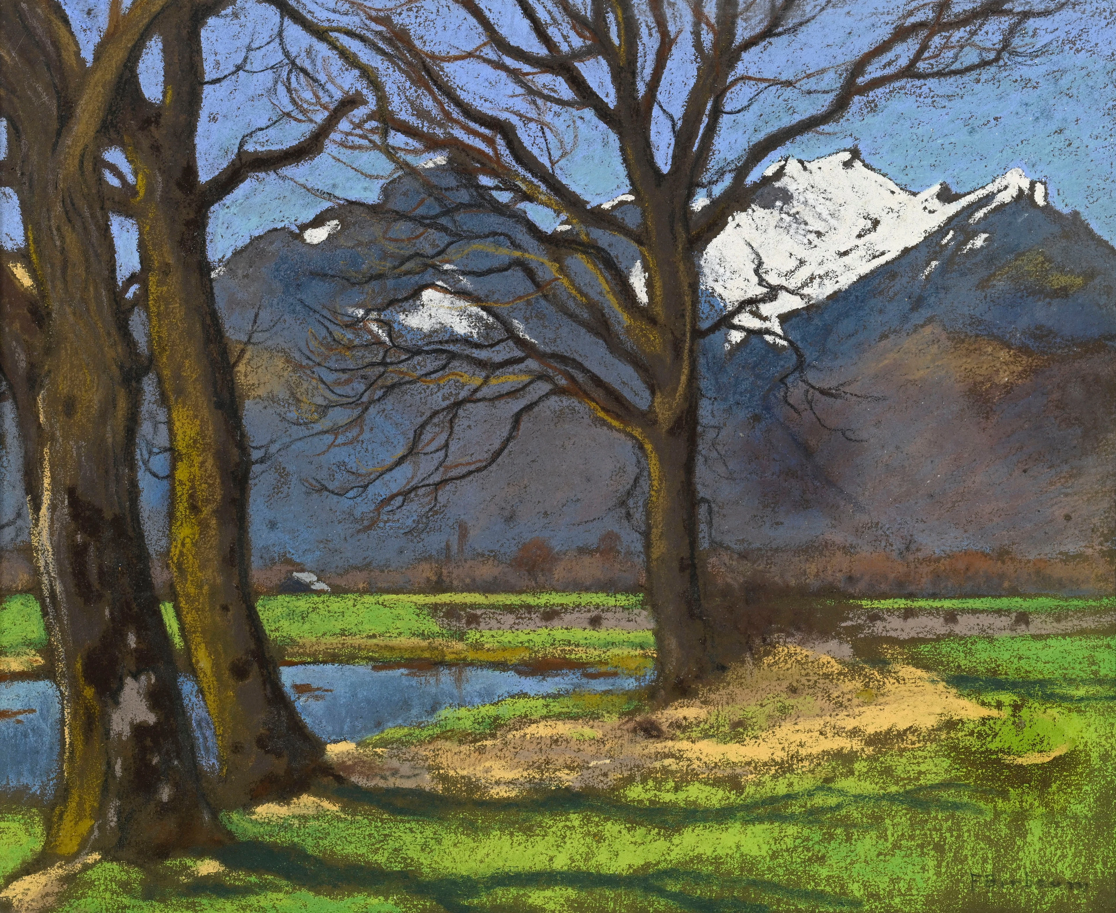 François Birbaum (1872-1947), Le Grammont depuis Yvorne, pastel sur