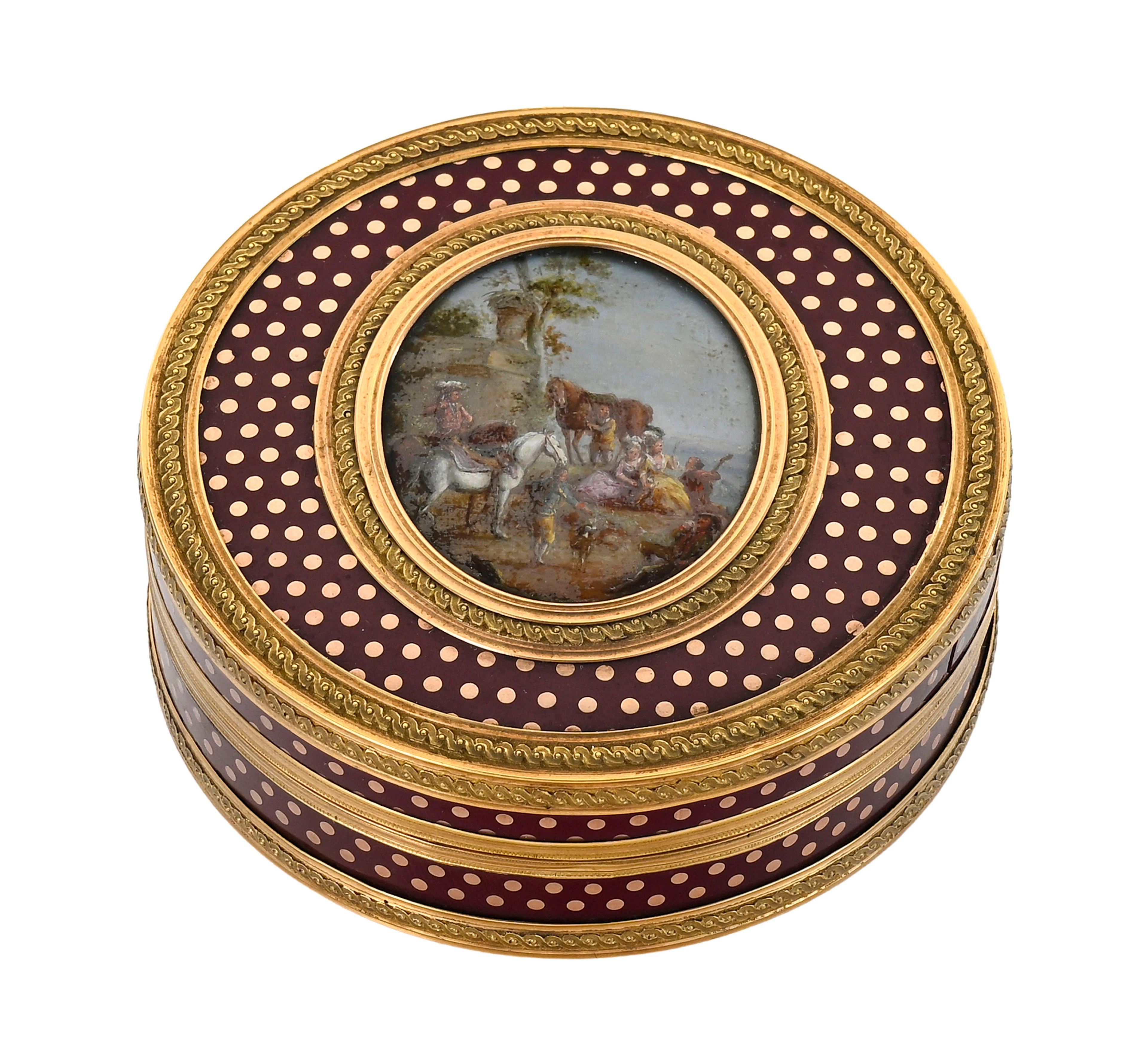 Boîte ronde en composition bordeaux piqué or à pastilles, France XVIIIe