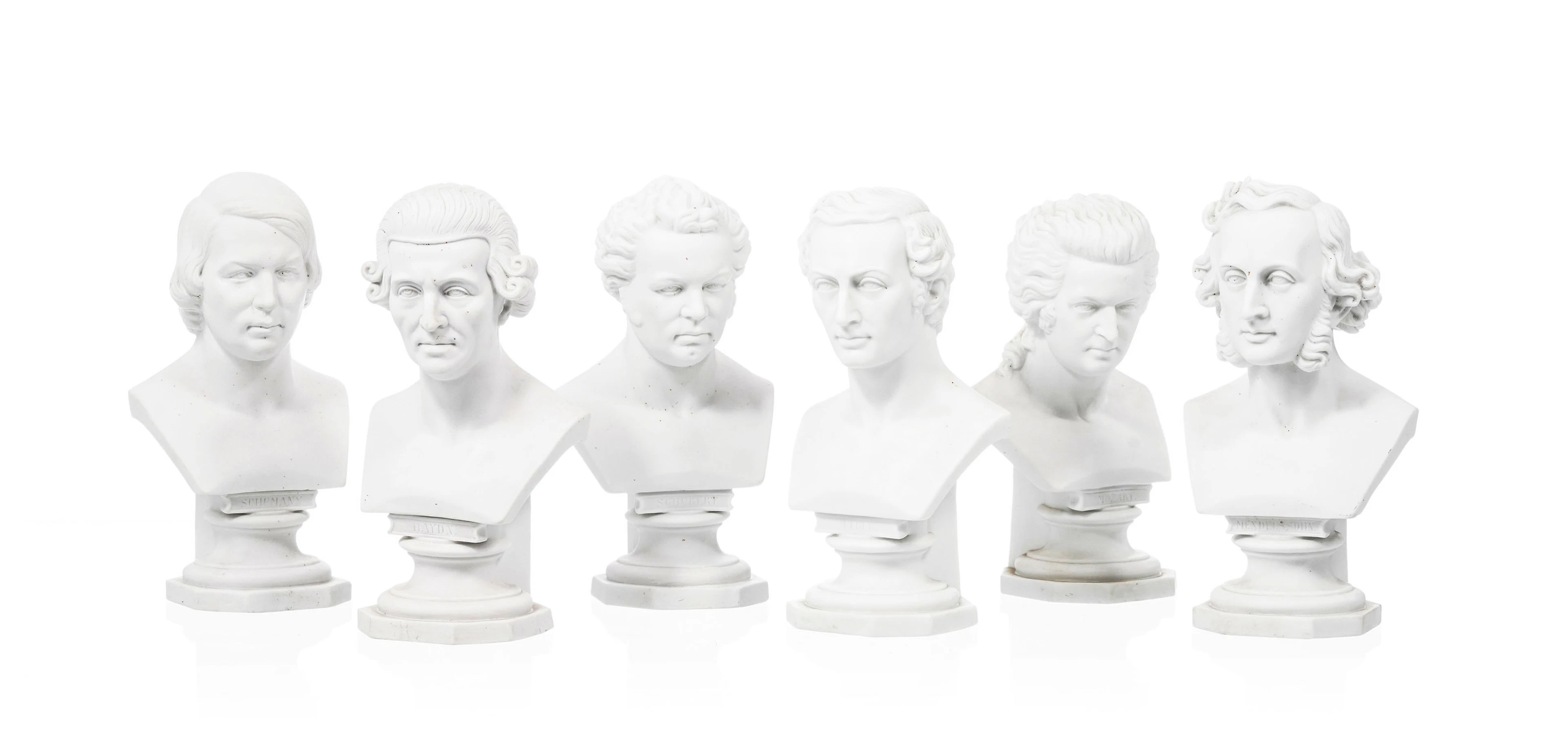 Suite de 6 bustes de musiciens compositeurs en biscuit, XXe s.: Mendelsohn