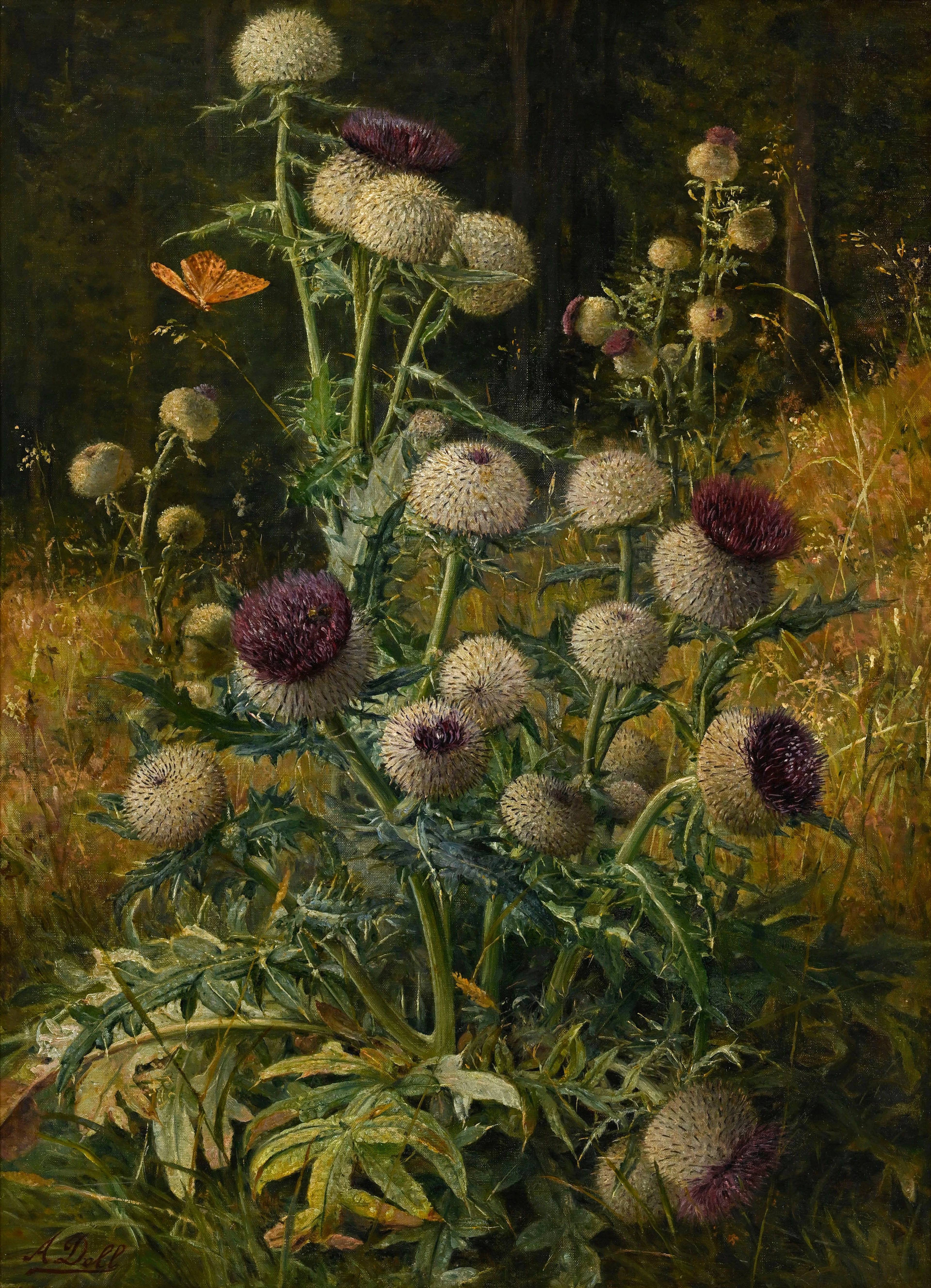 Auguste Döll (1871-1955), Chardons et papillon, huile sur toile, signée