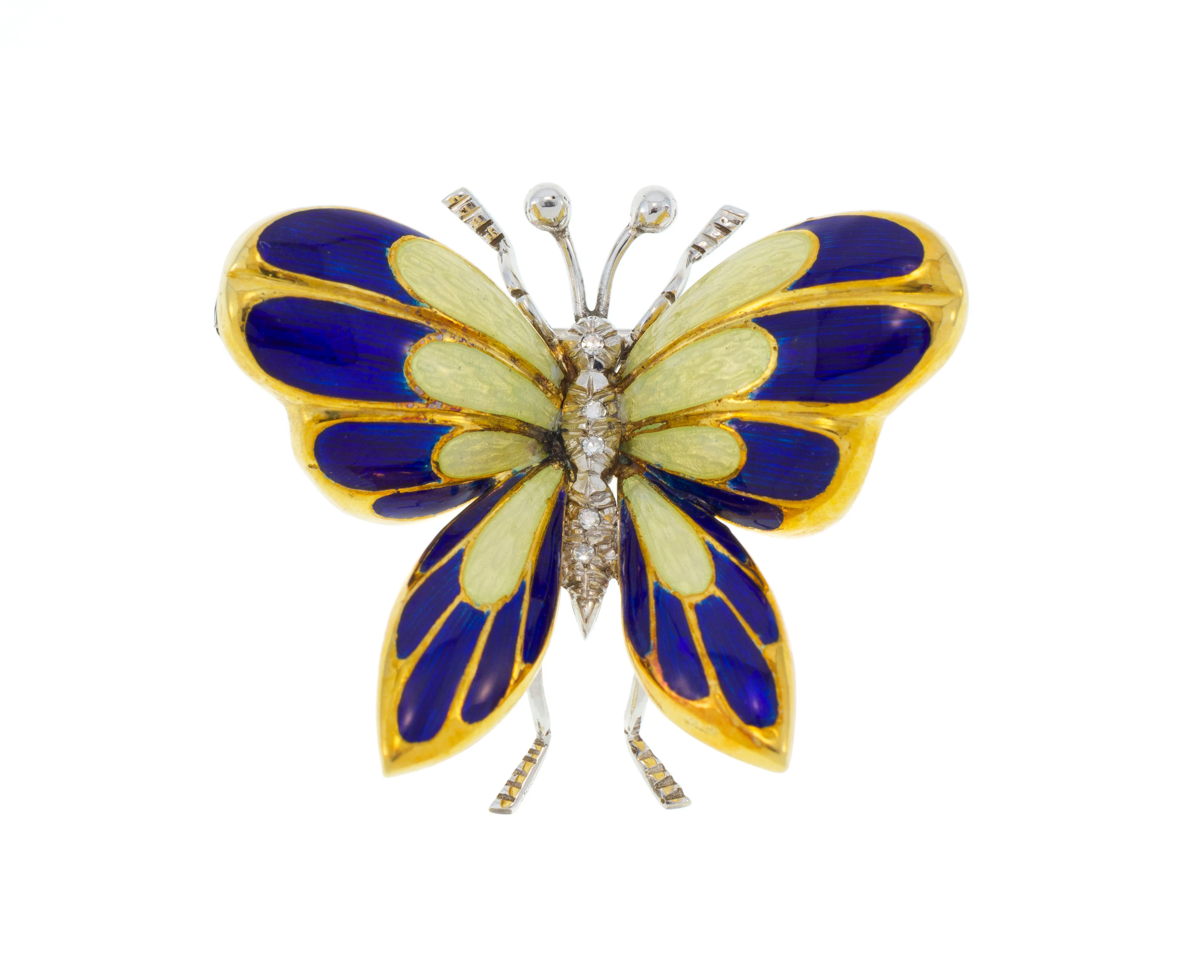 Broche papillon 2 ors 750 et émail sertie de diamants taille 8/8