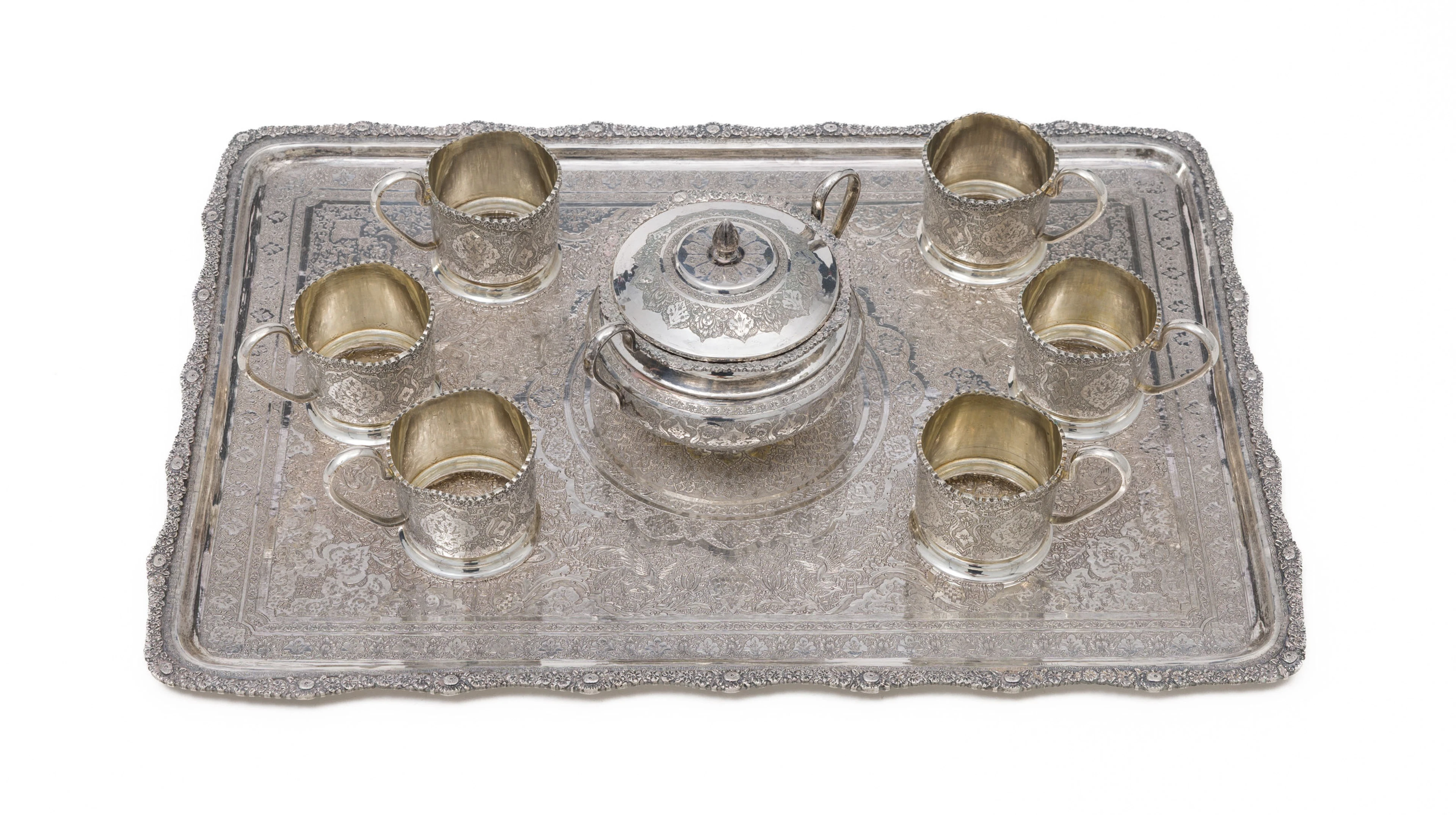Ensemble à thé en argent, comprenant 1 plateau, 1 sucrier et 6 supports