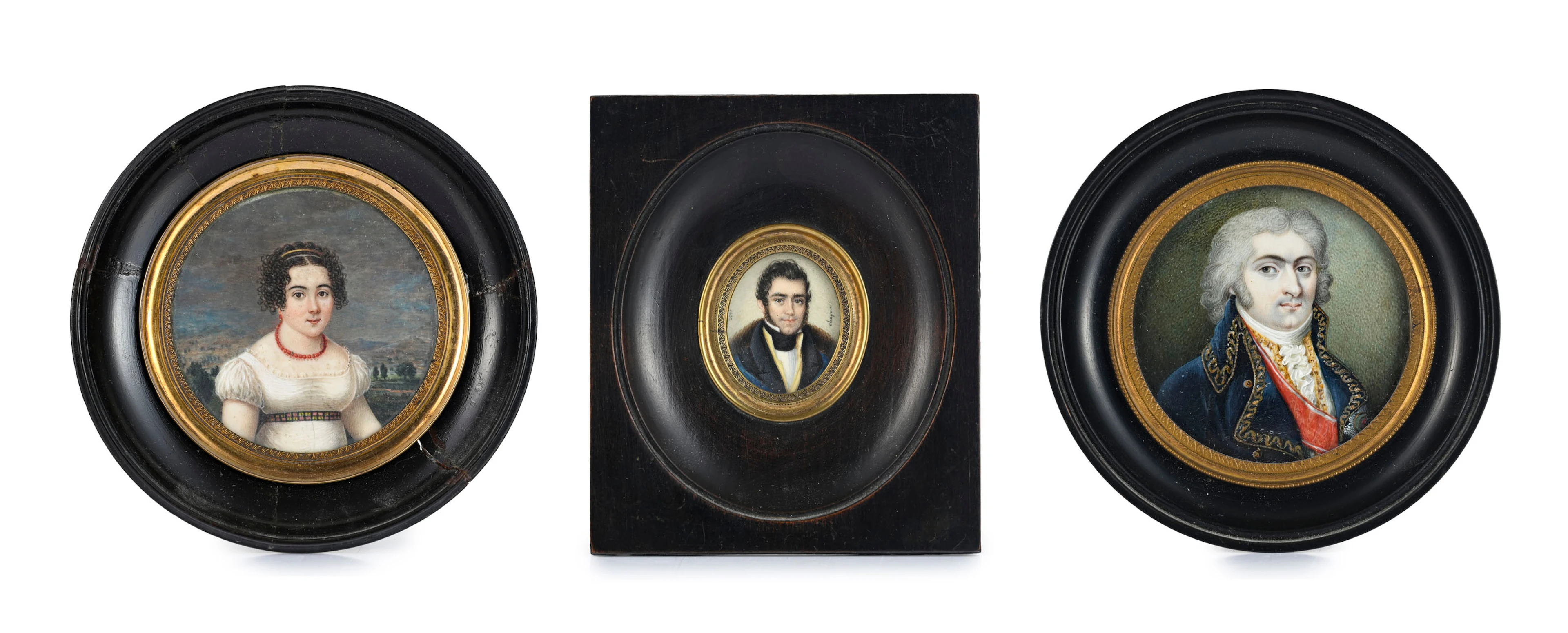 3 portraits en miniature: Gentilhommes en redingote et une dame au