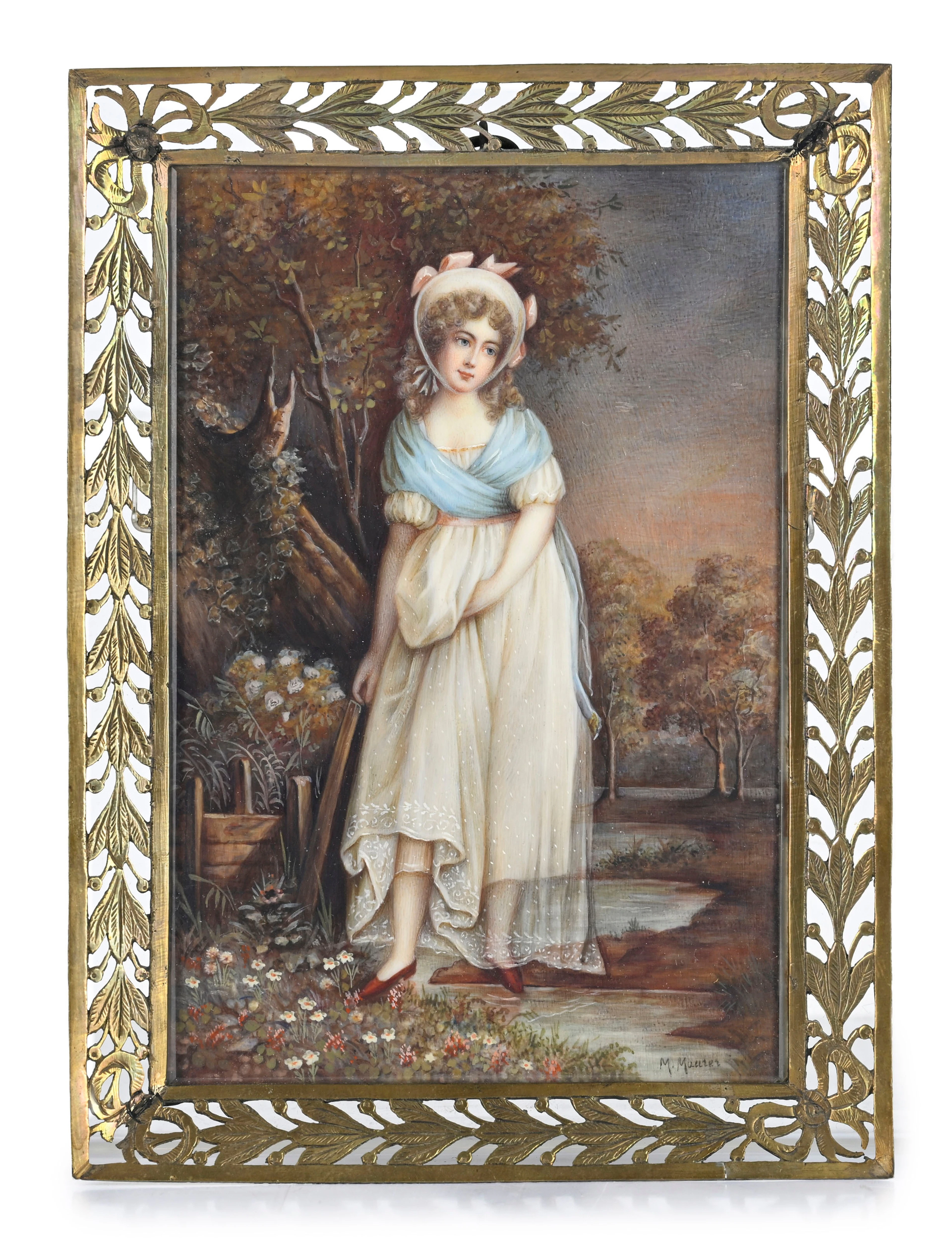 Jeune femme au jardin, miniature sur ivoire, XIXe s., signée en bas