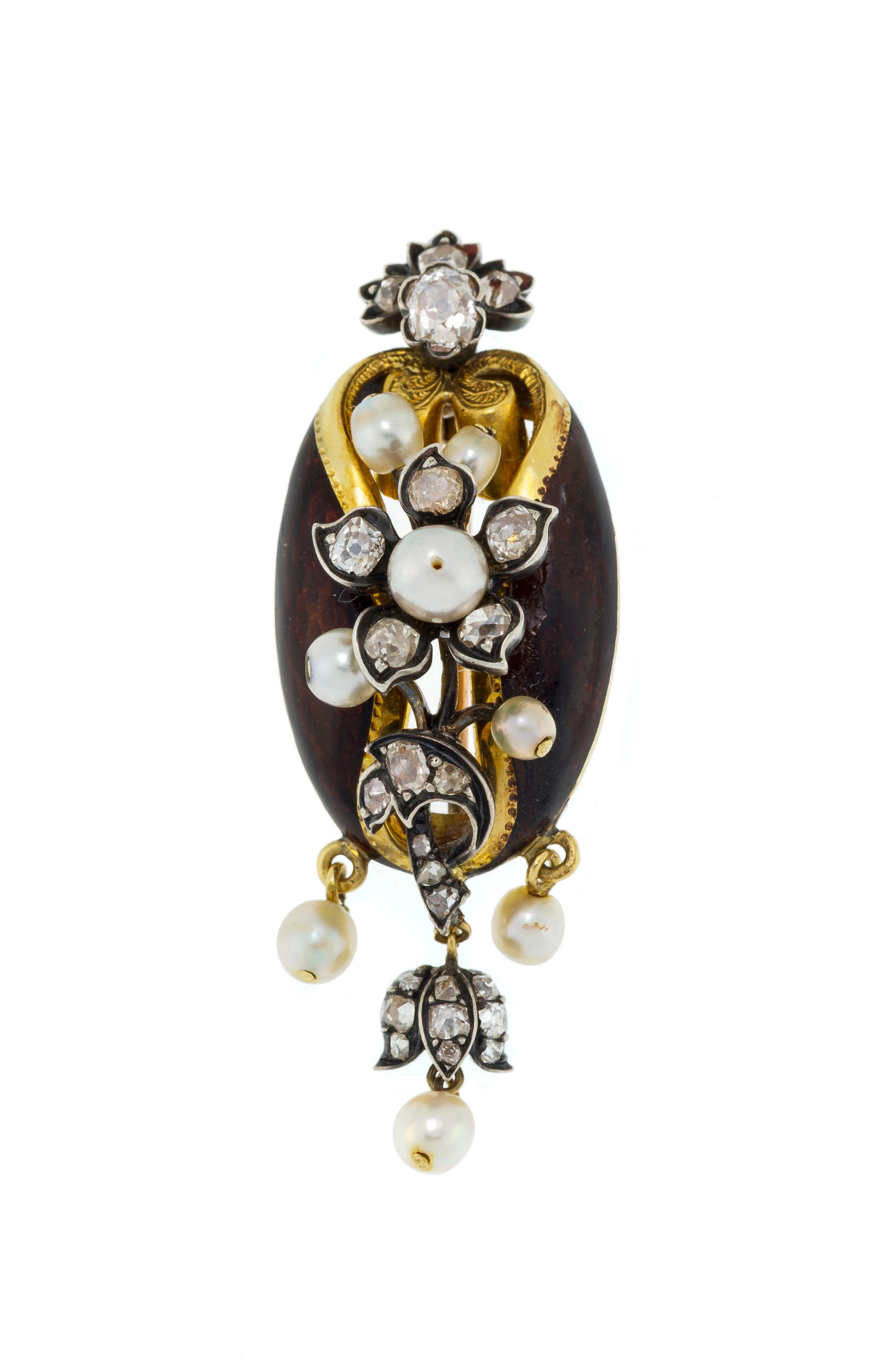 Broche florale XIXe s., or 750 et argent à décor d'émail guilloché