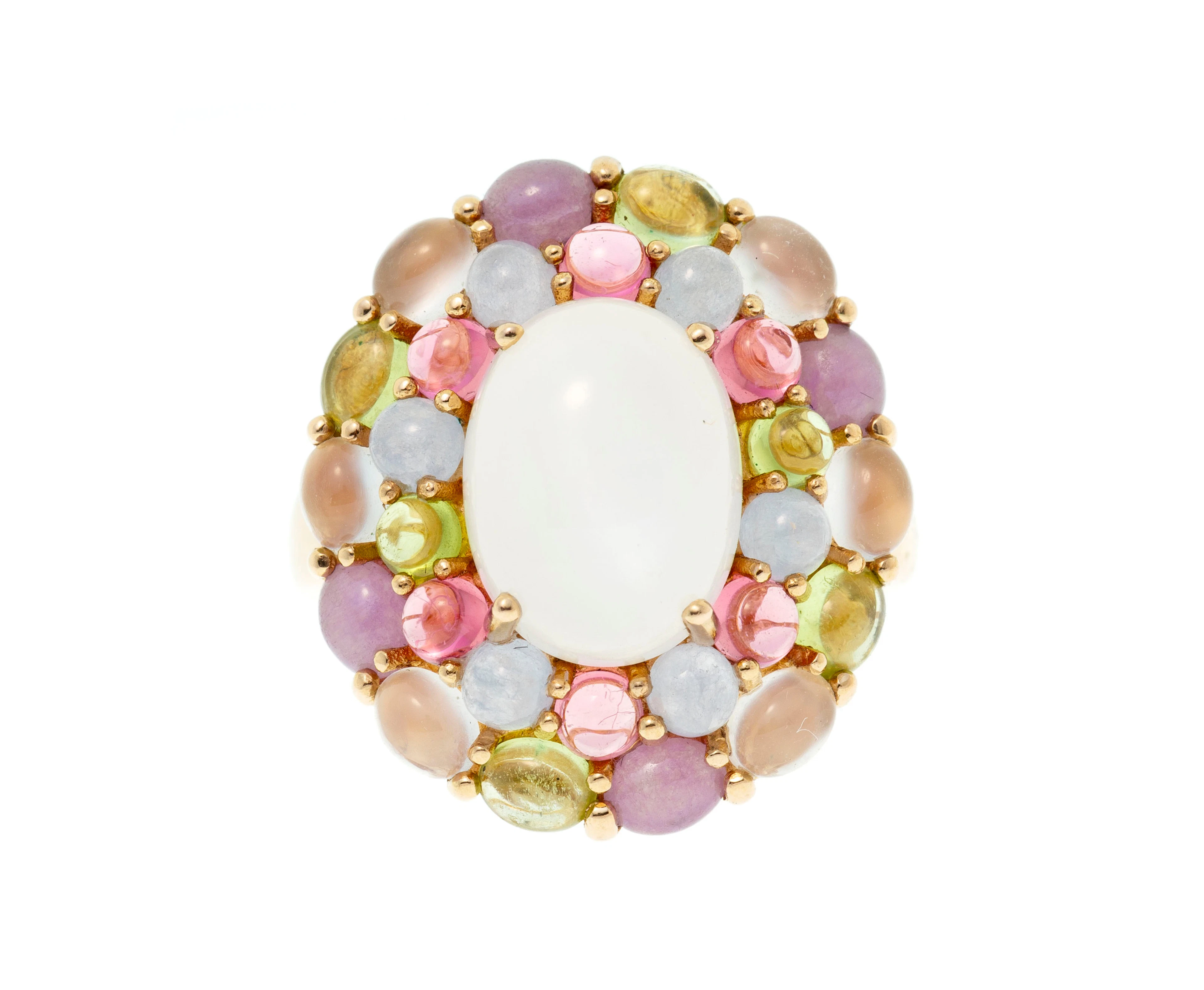 Bague en or rose 750 sertie d'une pierre de lune entourée de cabochons