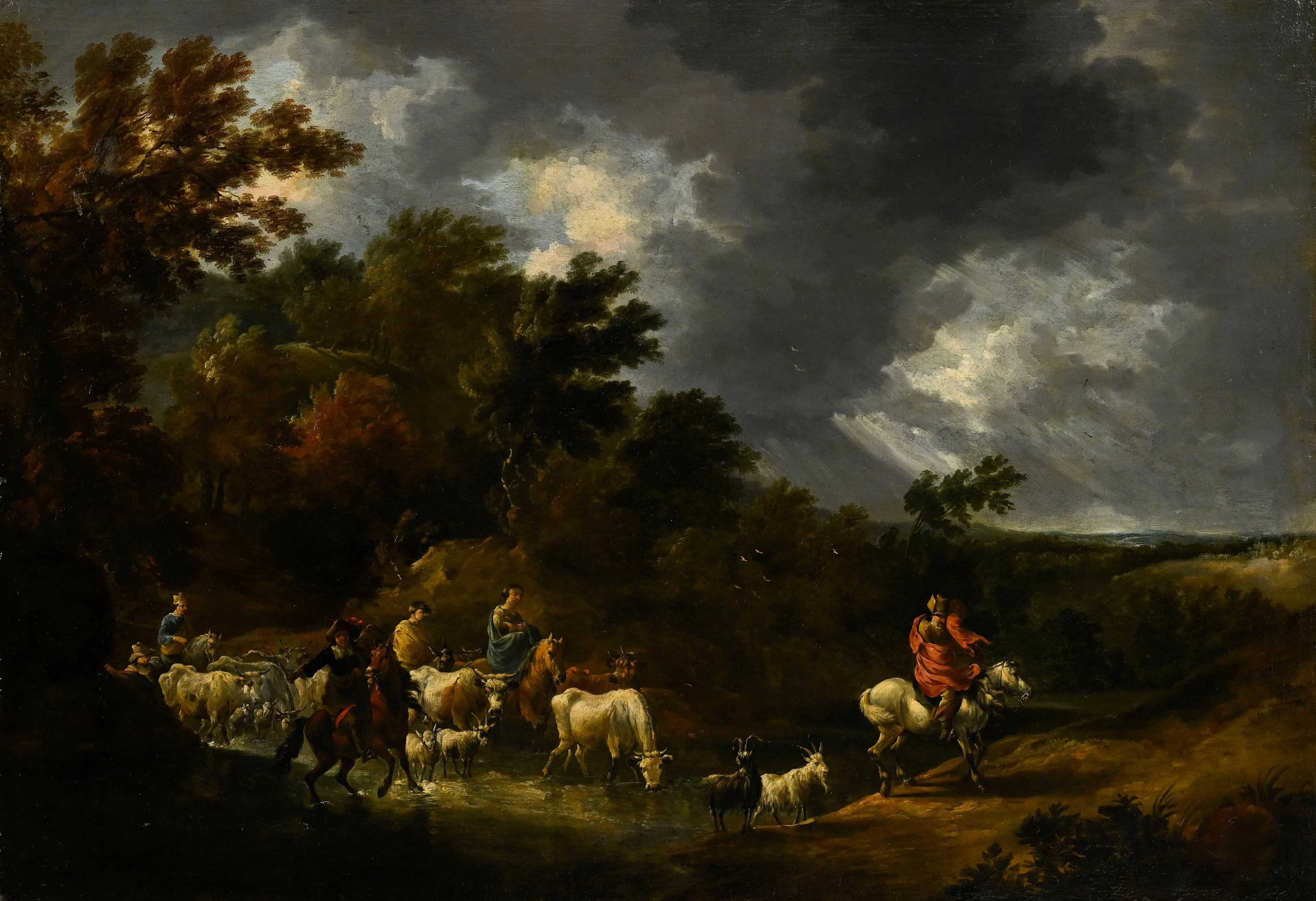Ecole hollandaise vers 1700, Voyageurs et troupeau dans un paysage