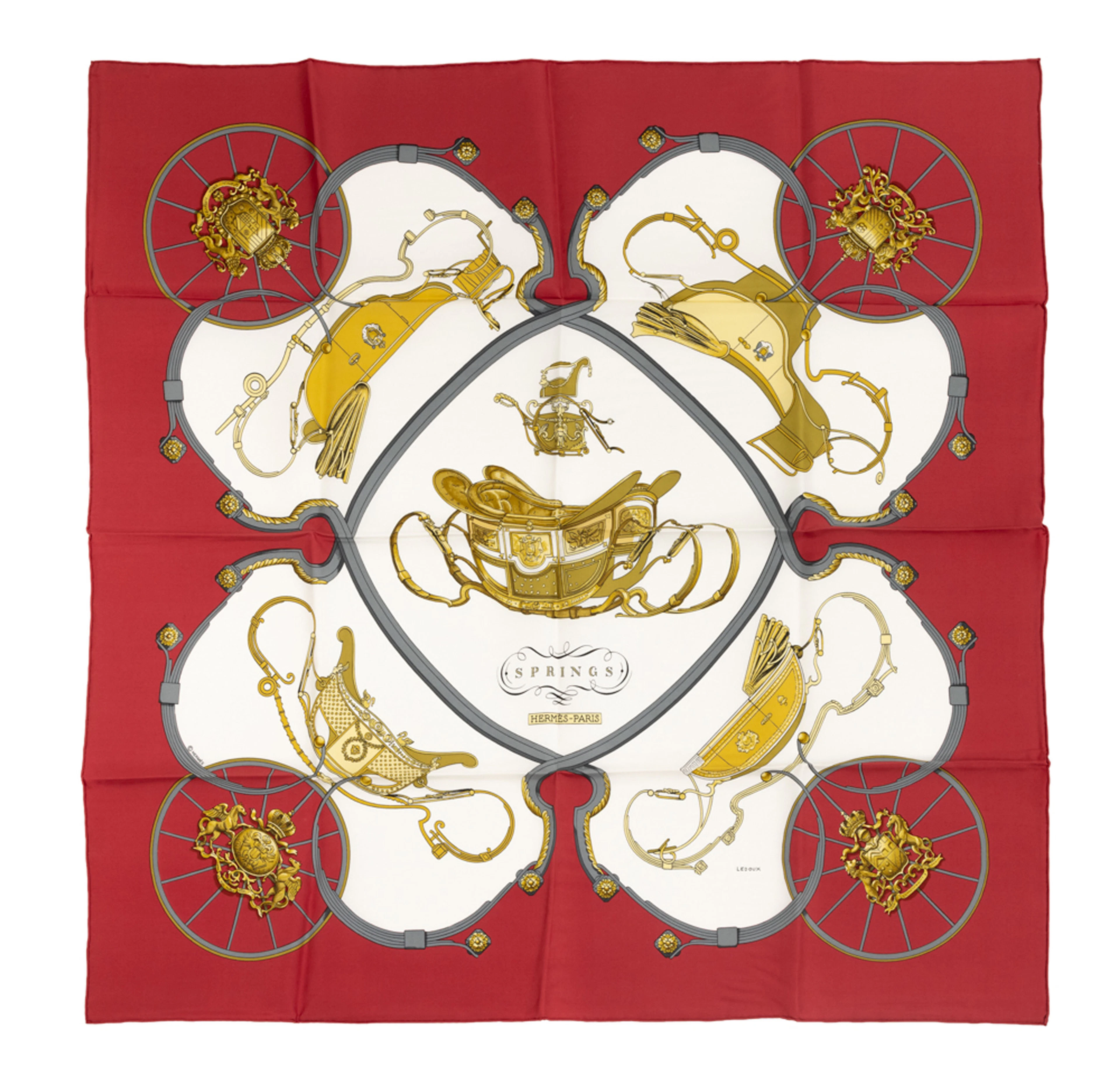 Hermès, carré en twill de soie imprimée: Springs, bord bordeaux, boîte