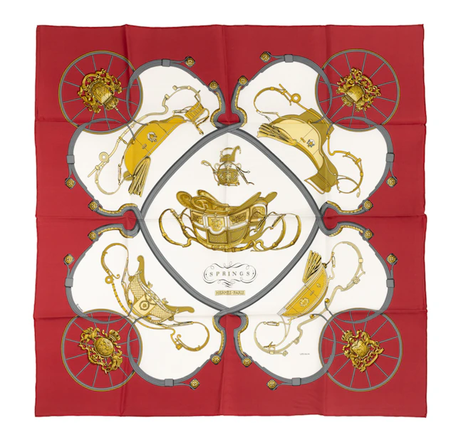Hermès, carré en twill de soie imprimée: Springs, bord bordeaux, boîte
