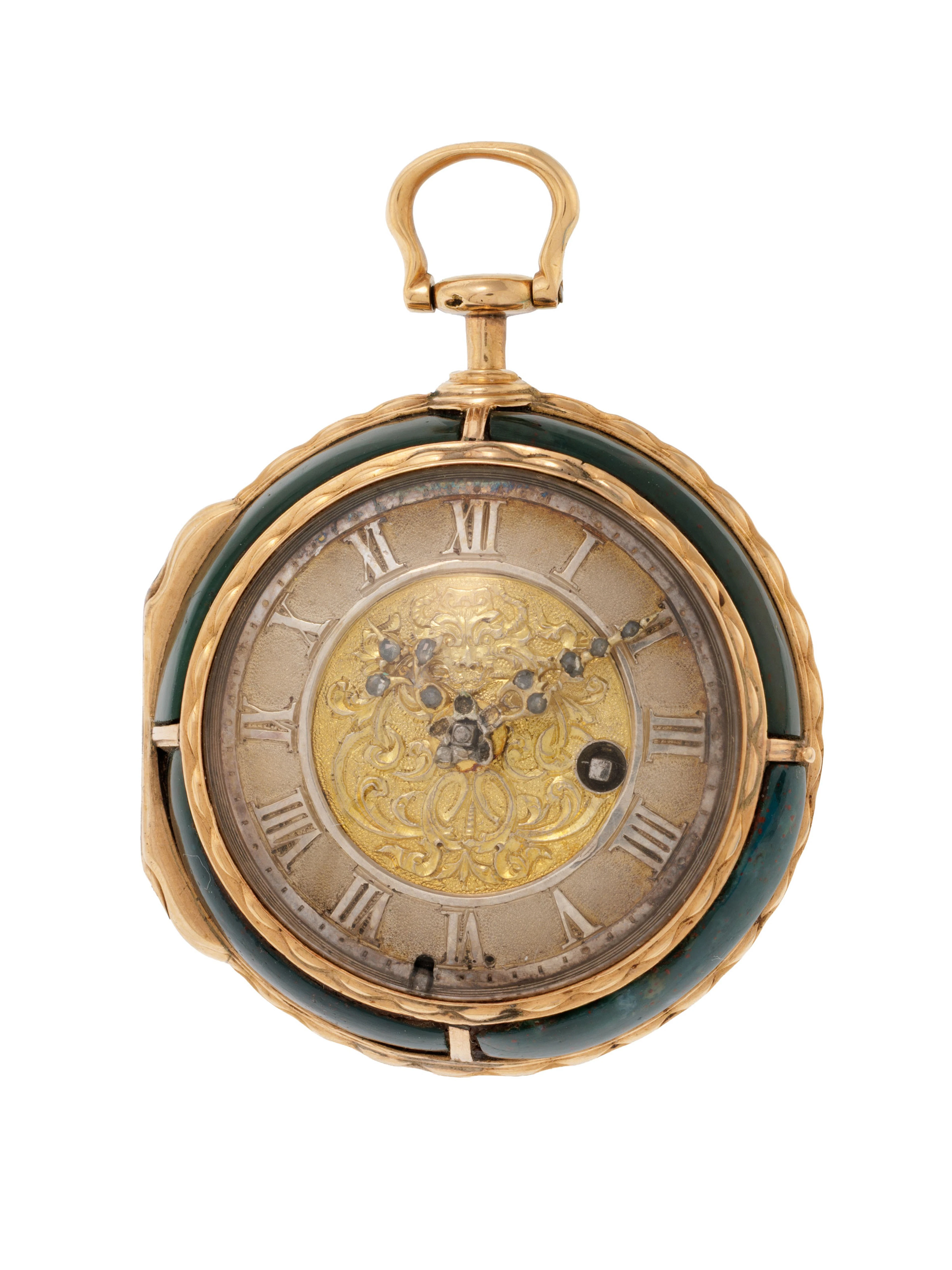 Montre de poche à coq en or et jaspe sanguin avec les aiguilles serties