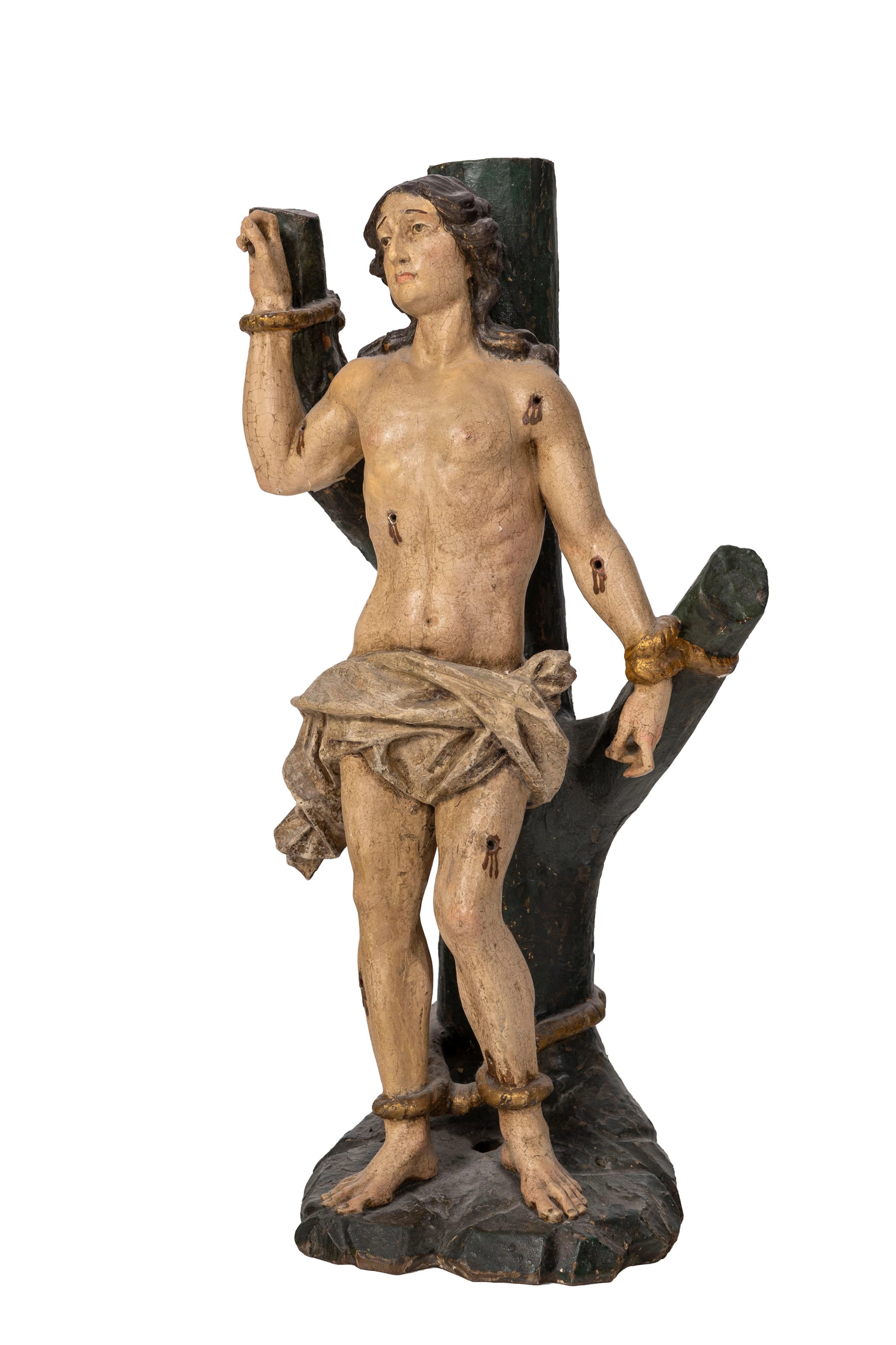 Saint Sébastien, sculpture du saint martyr en bois polychrome, XVIIe