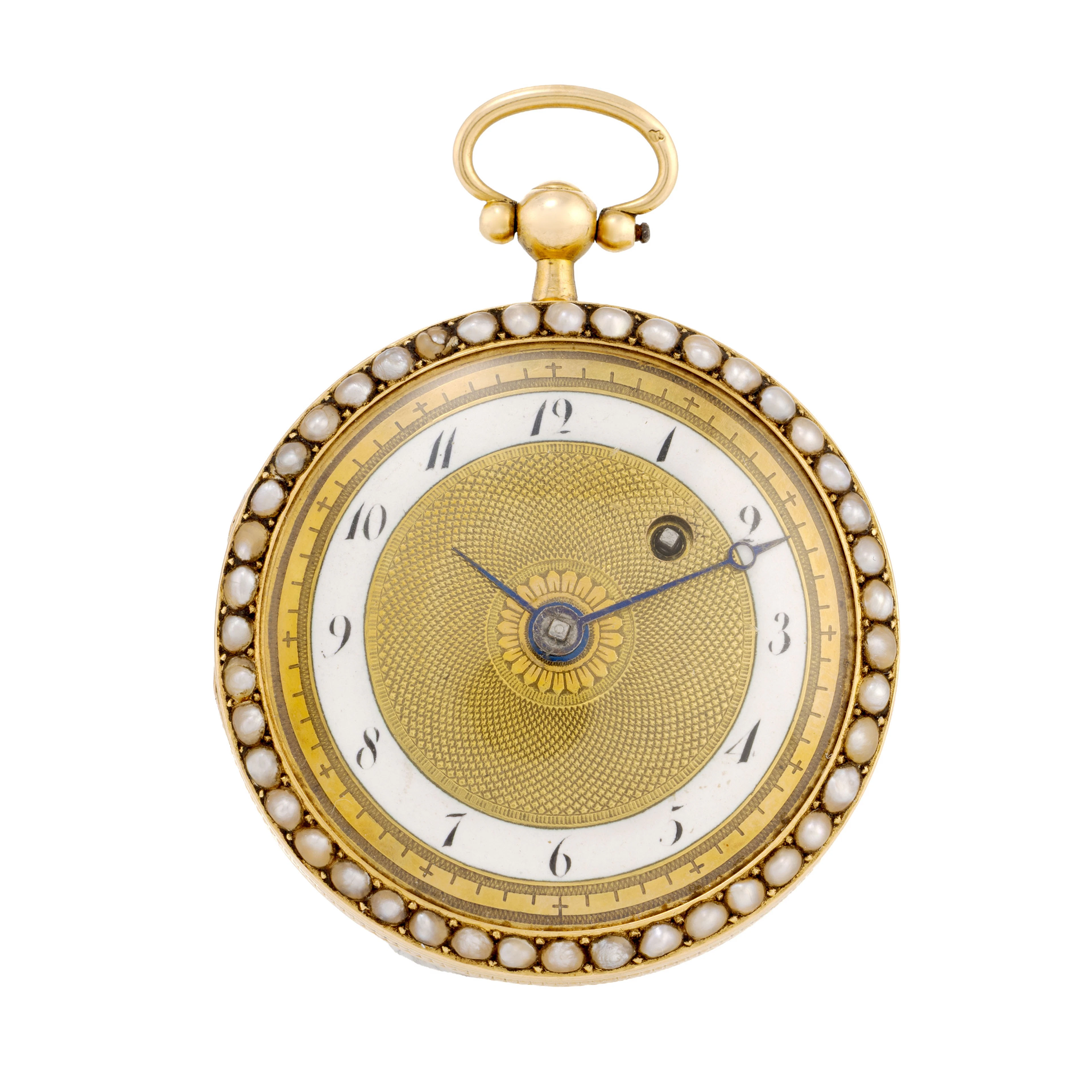 Montre de poche à coq en or 750 et émail vert ornée de demi perles