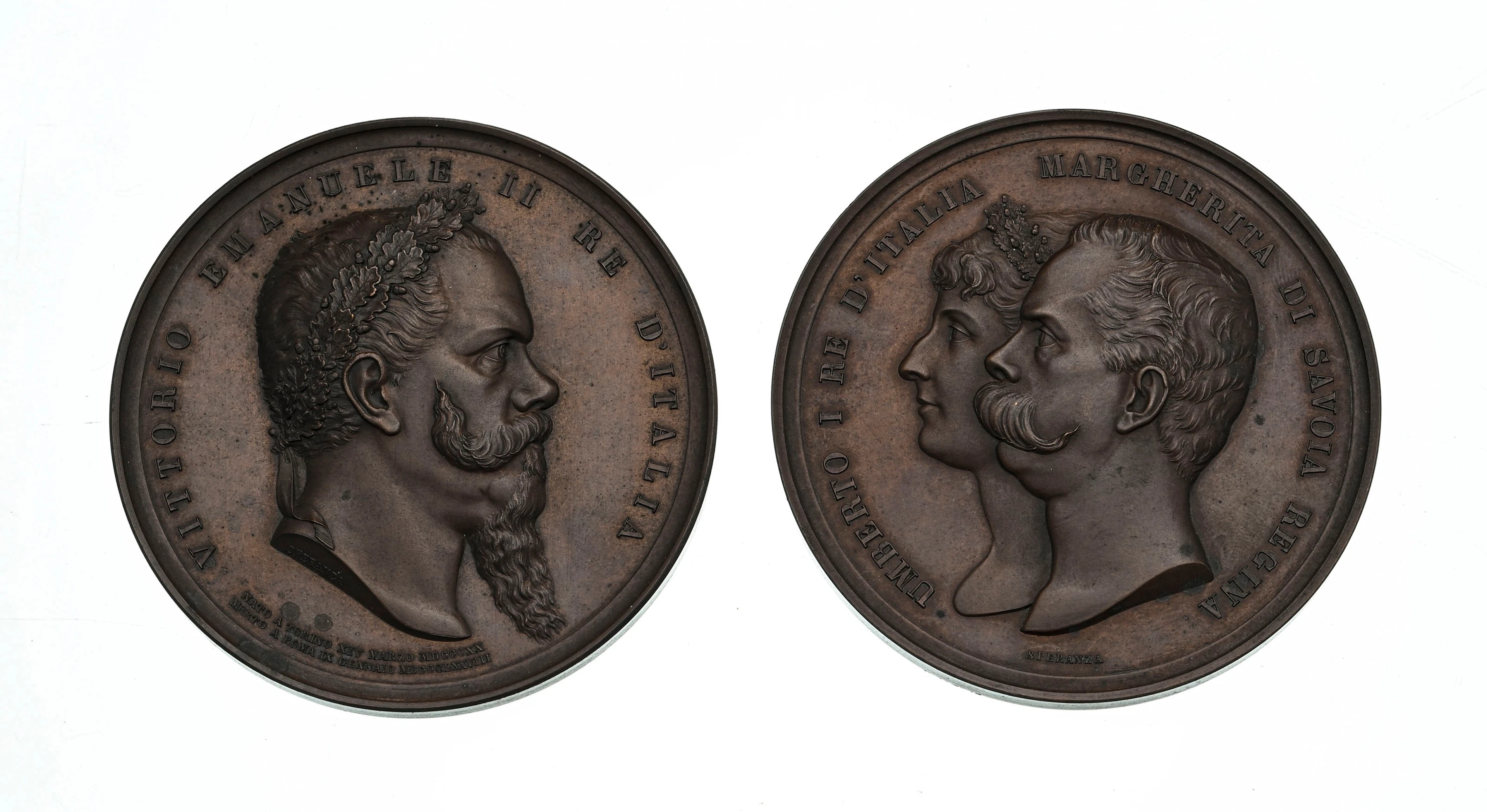 2 médailles commémoratives en bronze par Filippo Speranza, 1878, dans