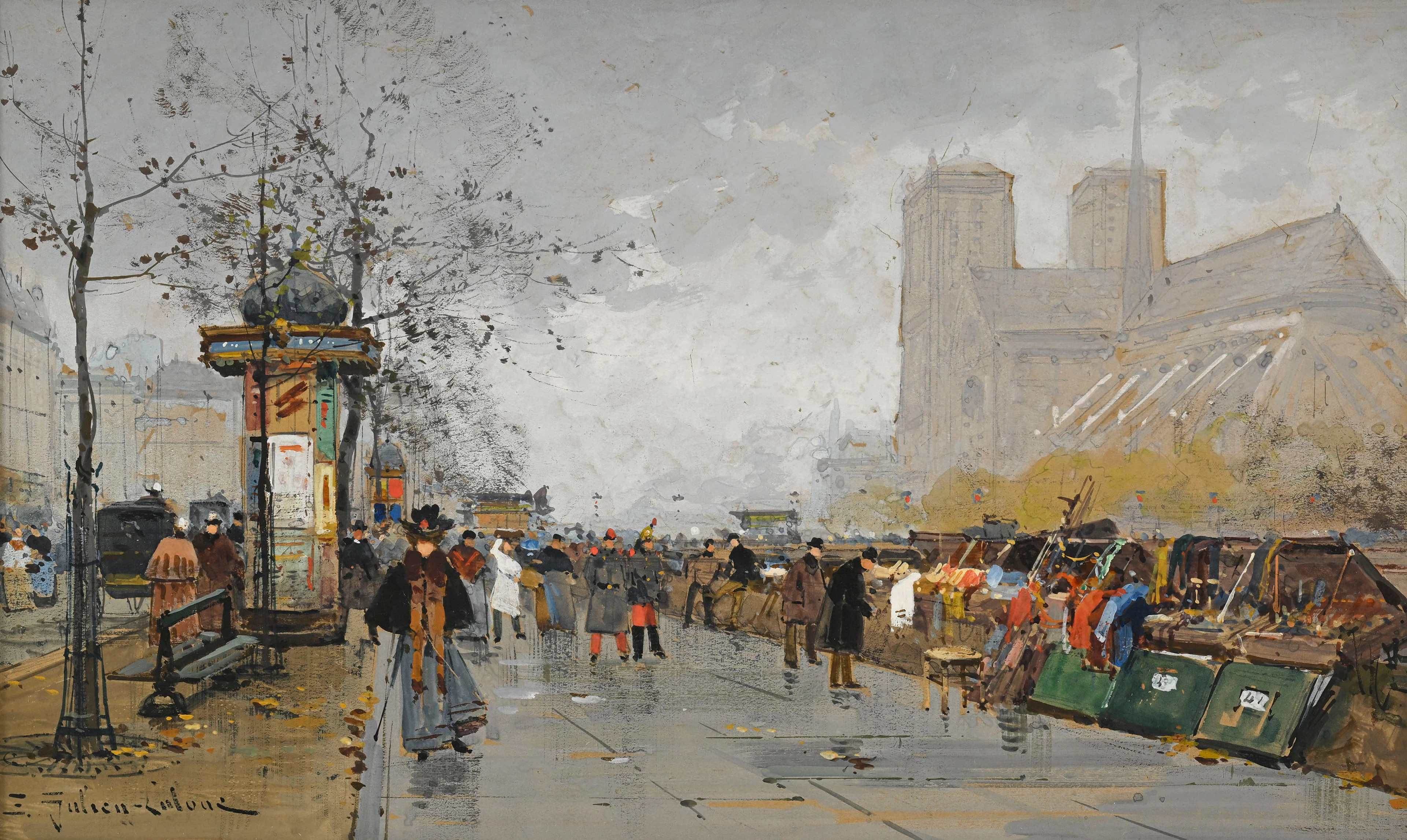 Eugène Galien-Laloue (1854-1941), Quai Notre-Dame à Paris, gouache