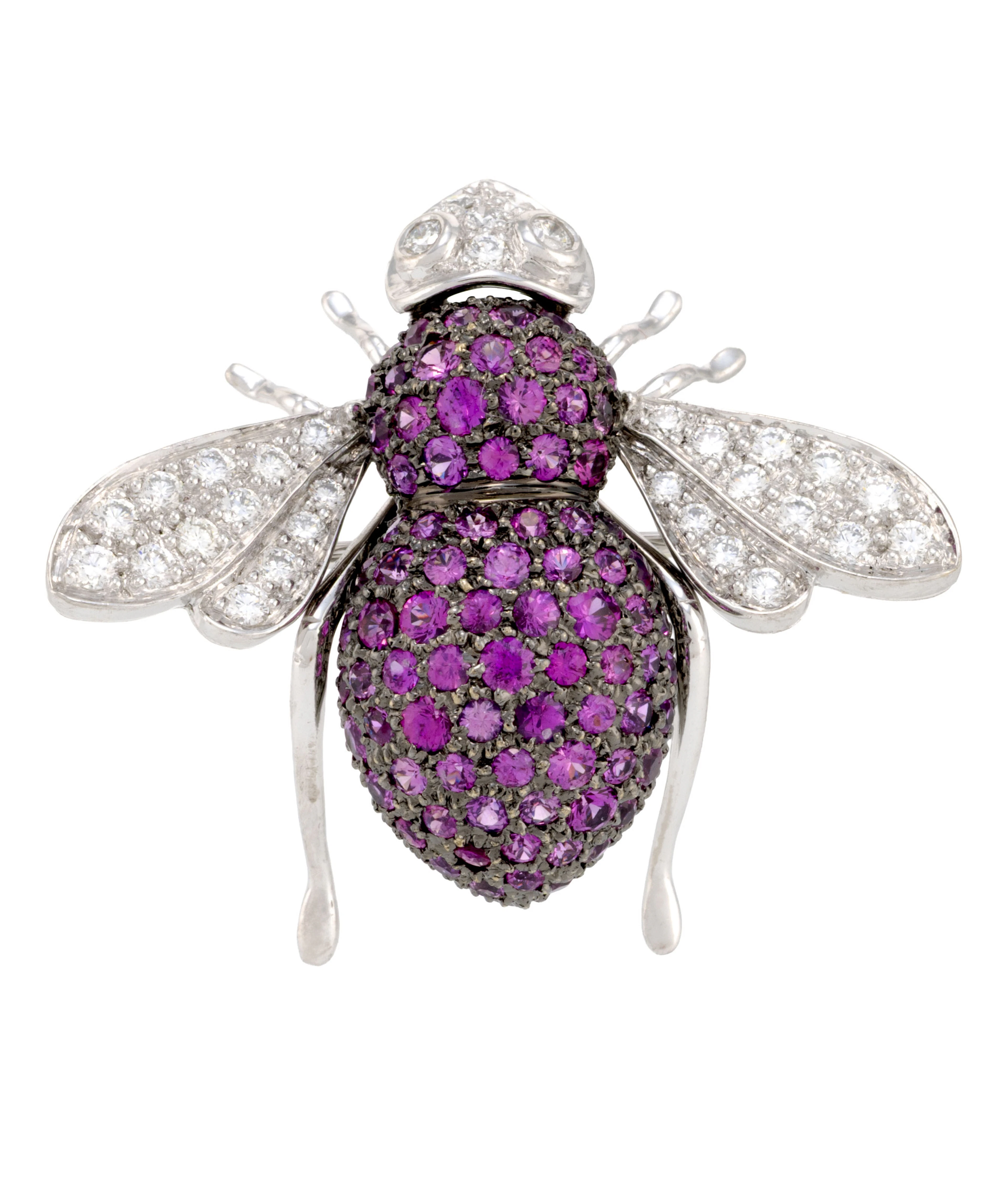 Sabbadini, broche abeille en or gris 750 pavée de saphirs roses et