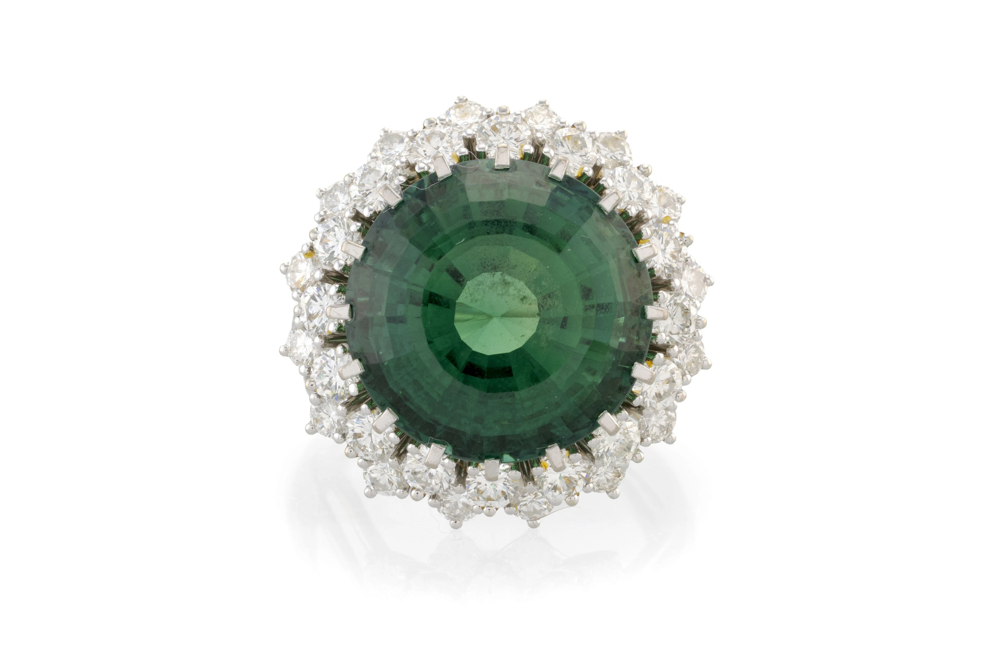 Bague or gris 750 sertie d'une tourmaline verte ronde entourée de