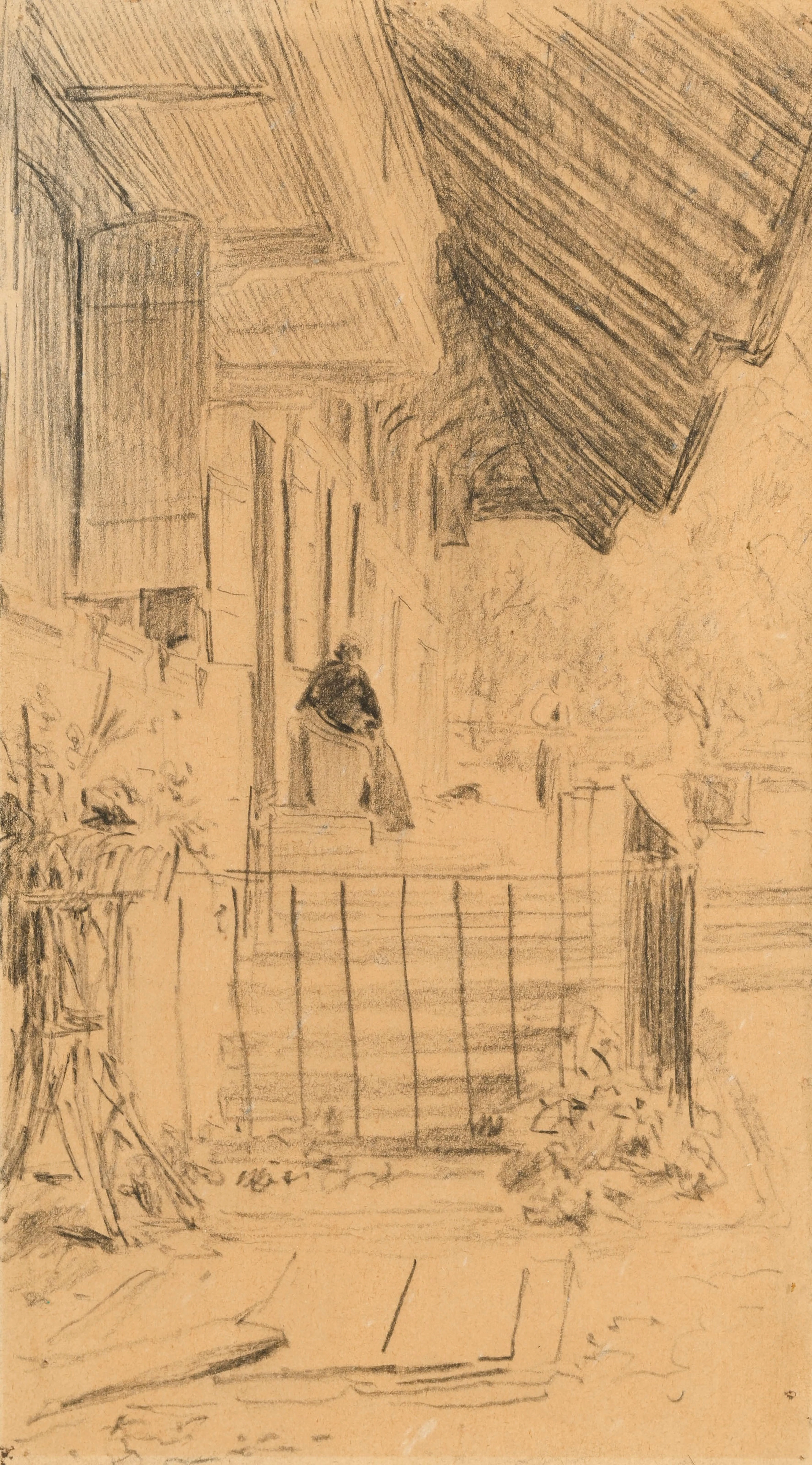 Albert Anker (1831-1910), Femme au perron, crayon gras sur papier