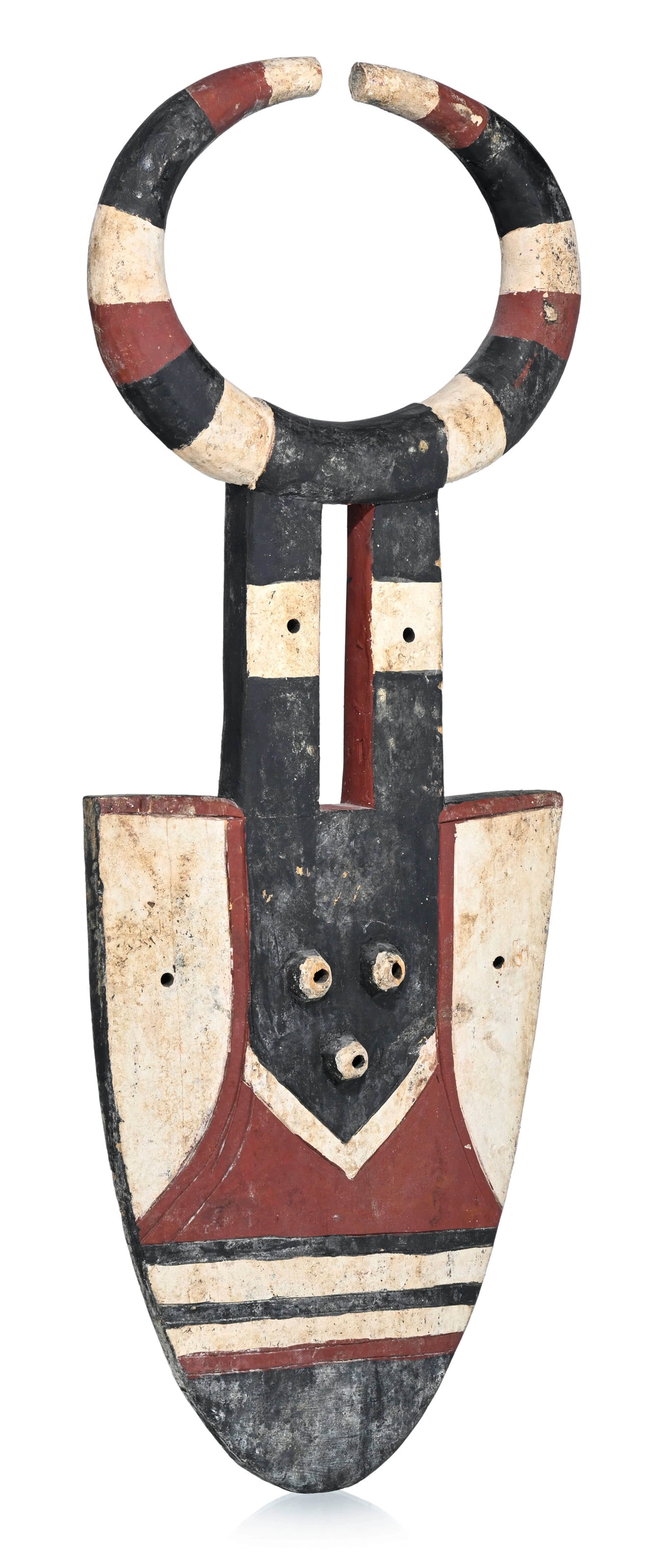Masque nafana Bedu, bois à décor géométrique polychrome noir, blanc