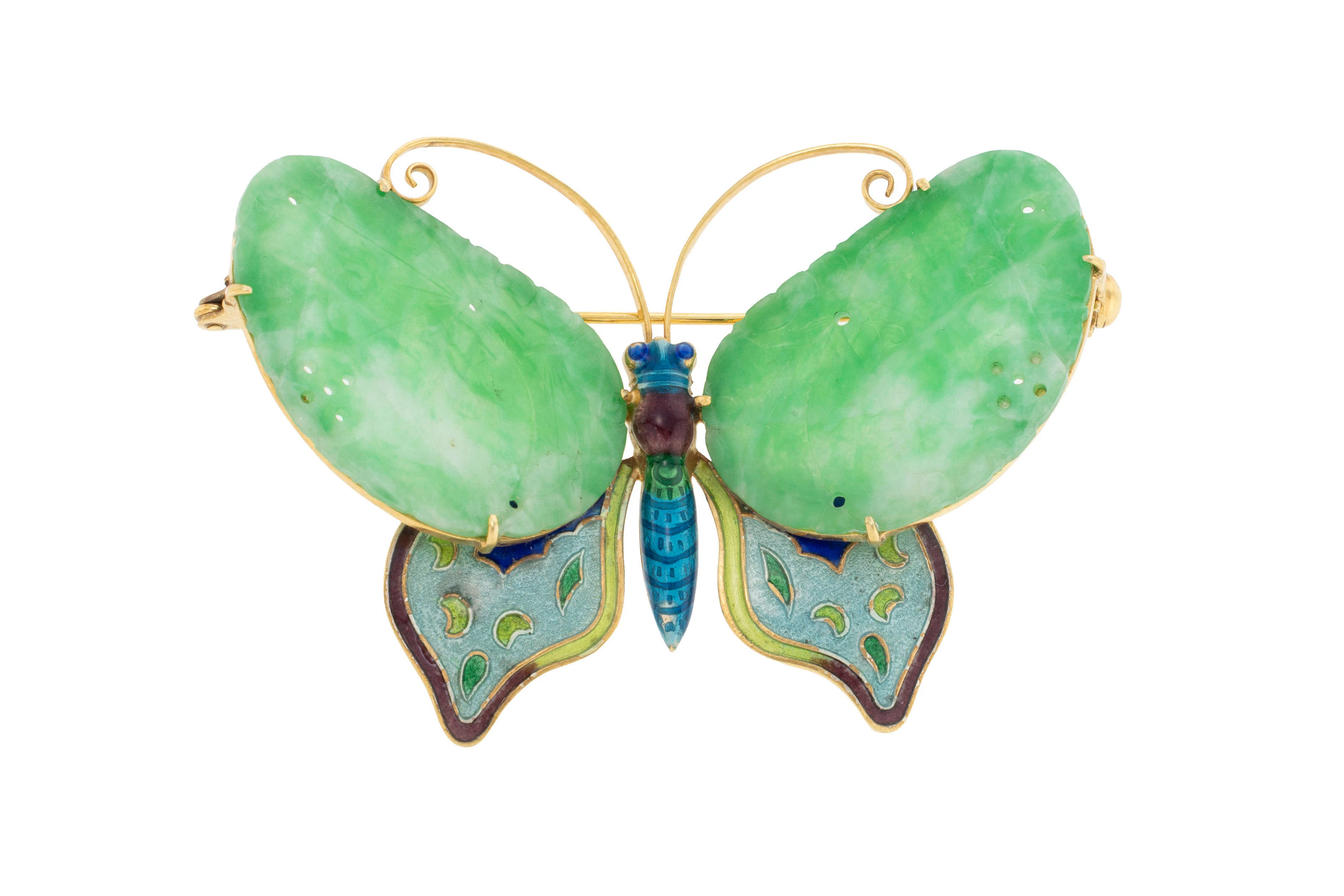 Broche papillon or 585 et émail polychrome, les ailes serties de deux