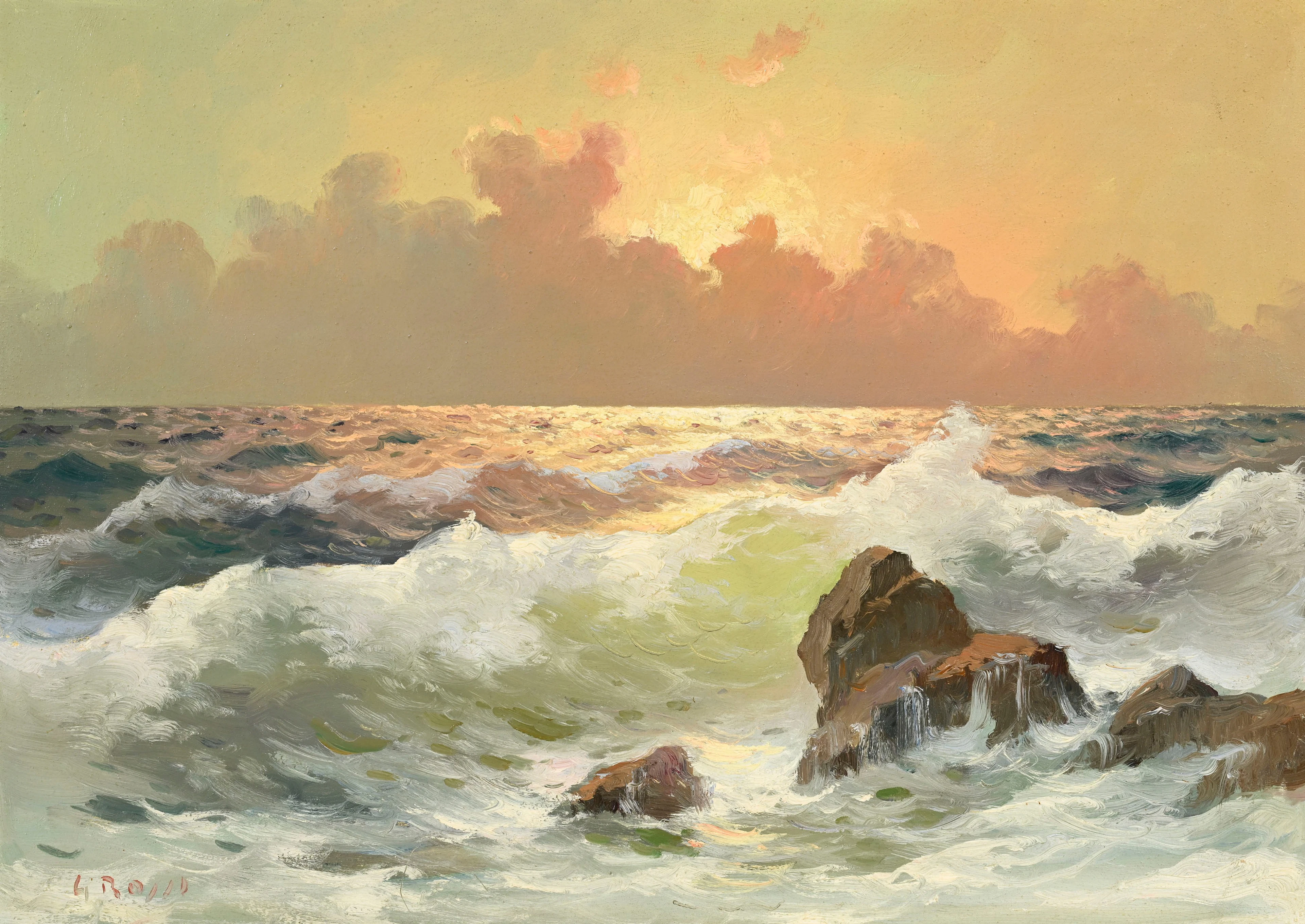 Giuseppe Rossi (1876-1952), Marine au coucher de soleil, huile sur