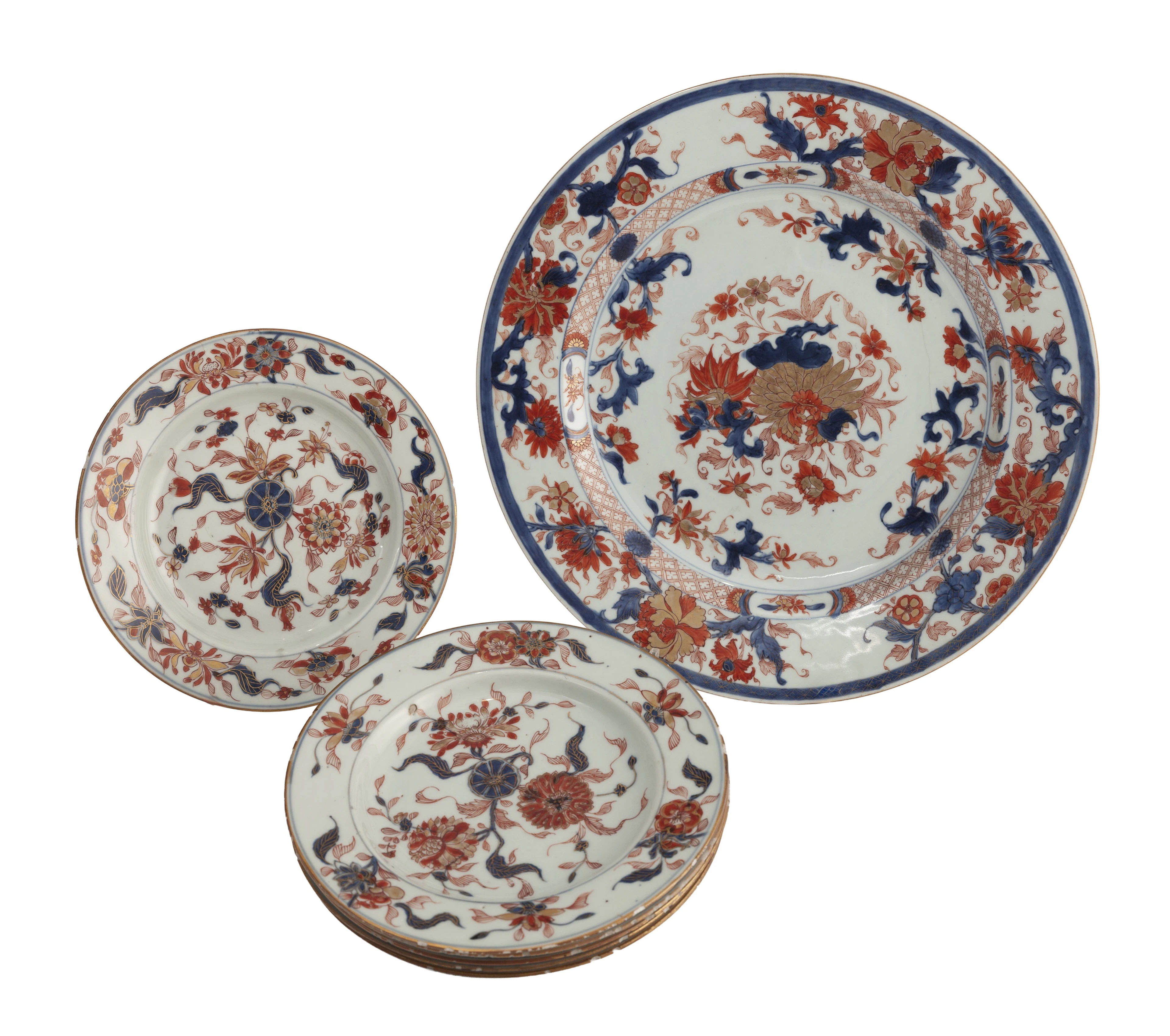 Ensemble de 1 plat et 6 assiettes en porcelaine Imari, Chine, XVIIIe