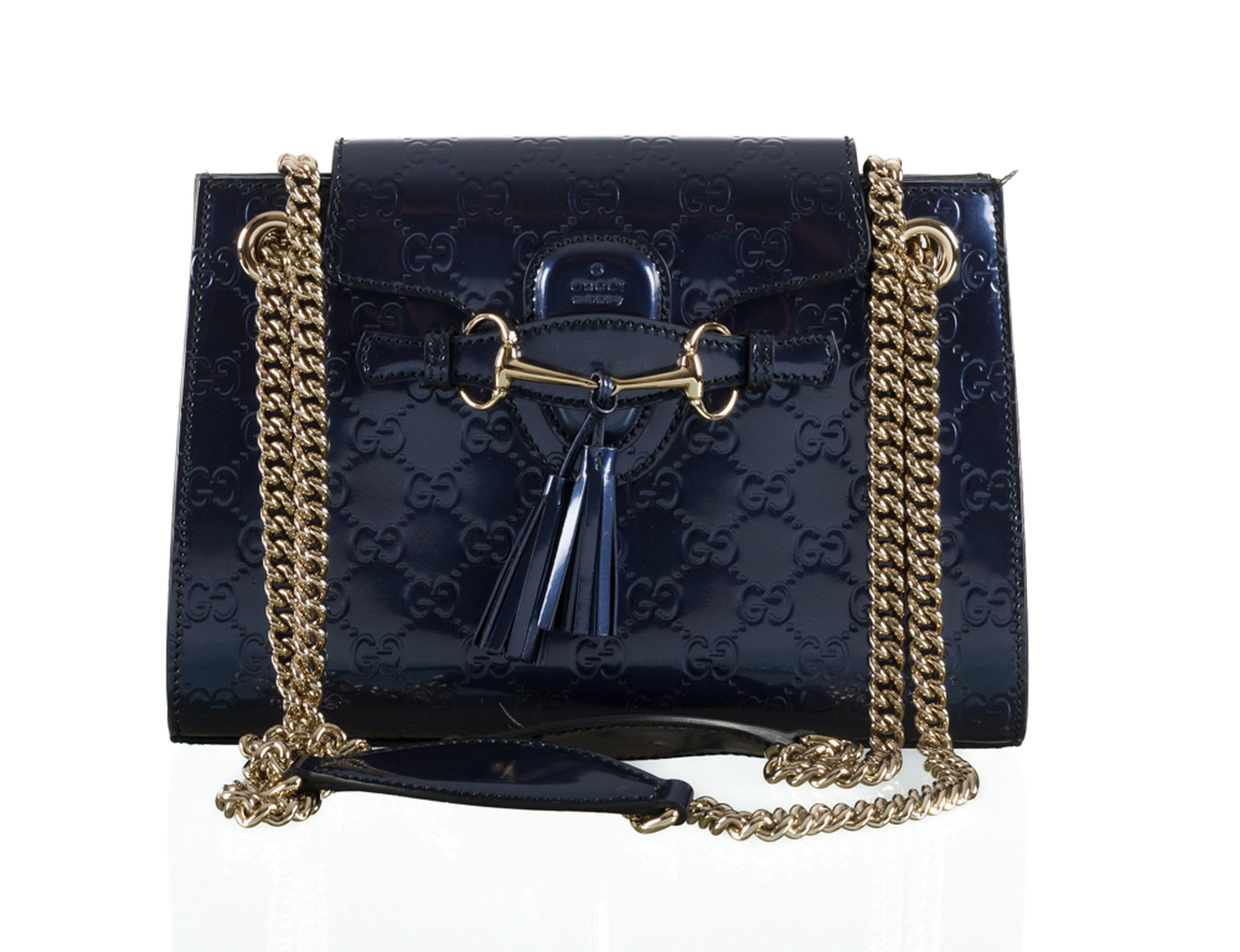 Gucci, sac Emily en cuir vernis bleu marine Guccissima, bandoulière