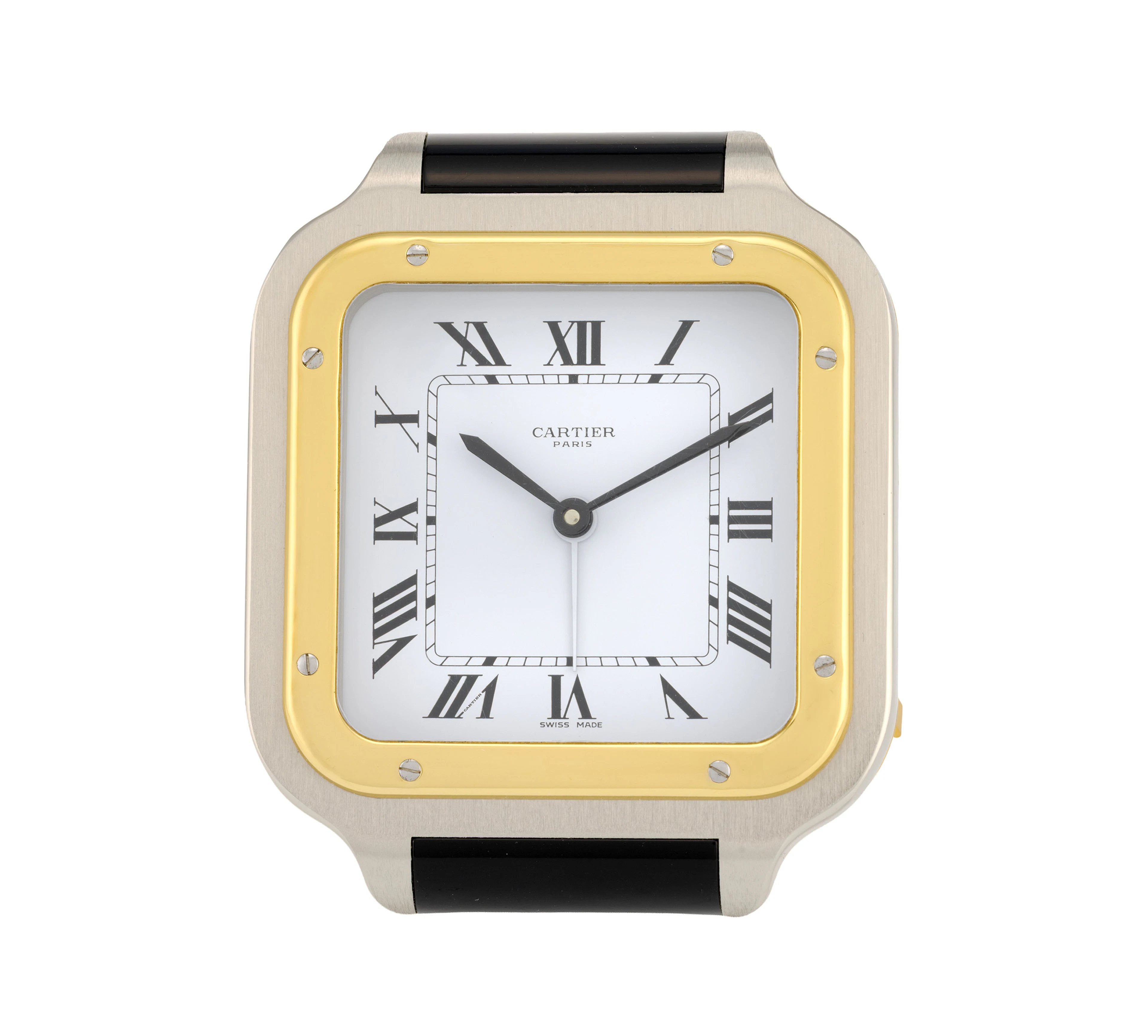 Cartier, Santos, réf. 7508, pendulette réveil en acier bicolore, circa