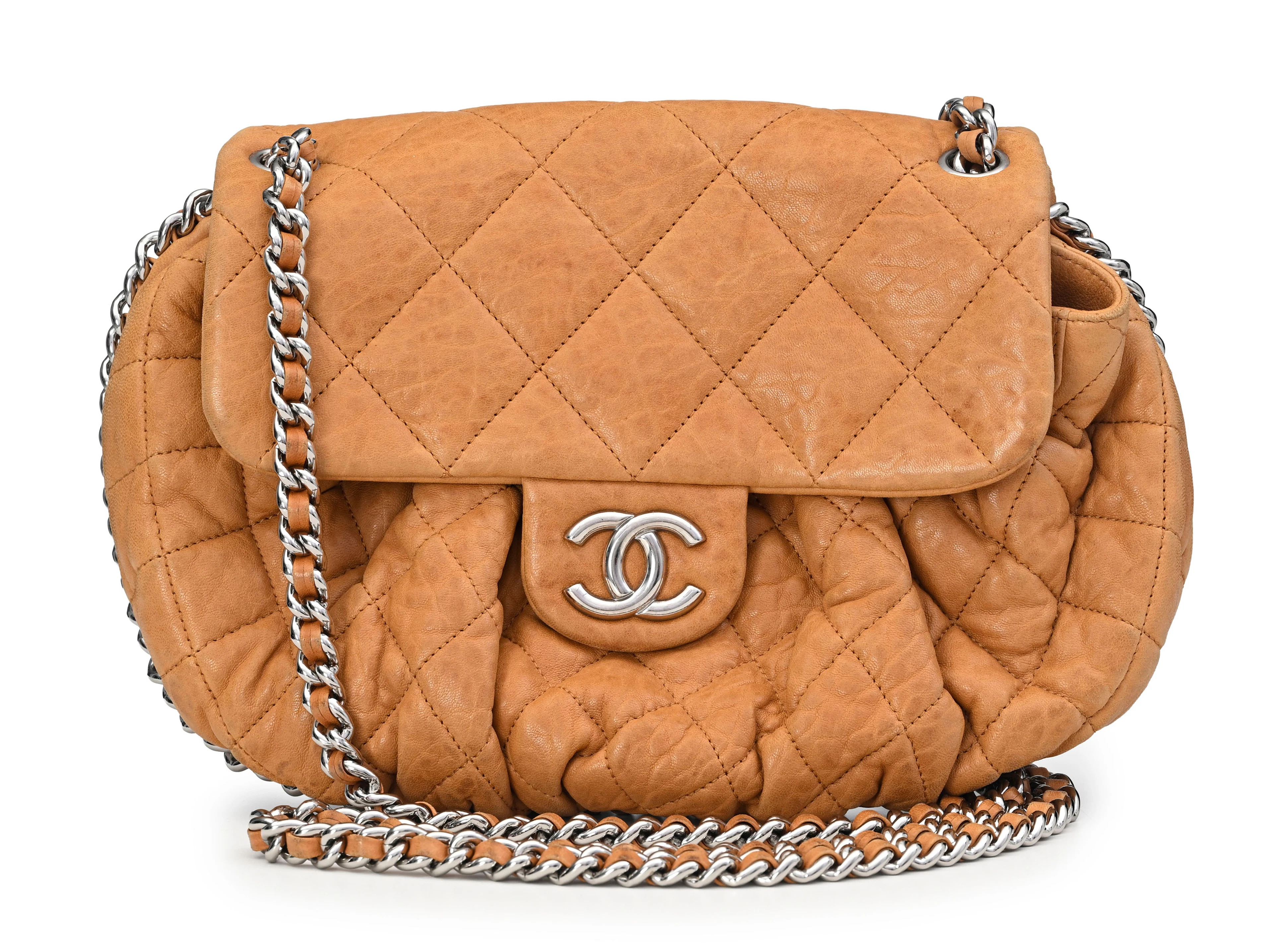 Chanel, sac Bubble Chain Around en cuir roux matelassé et plissé