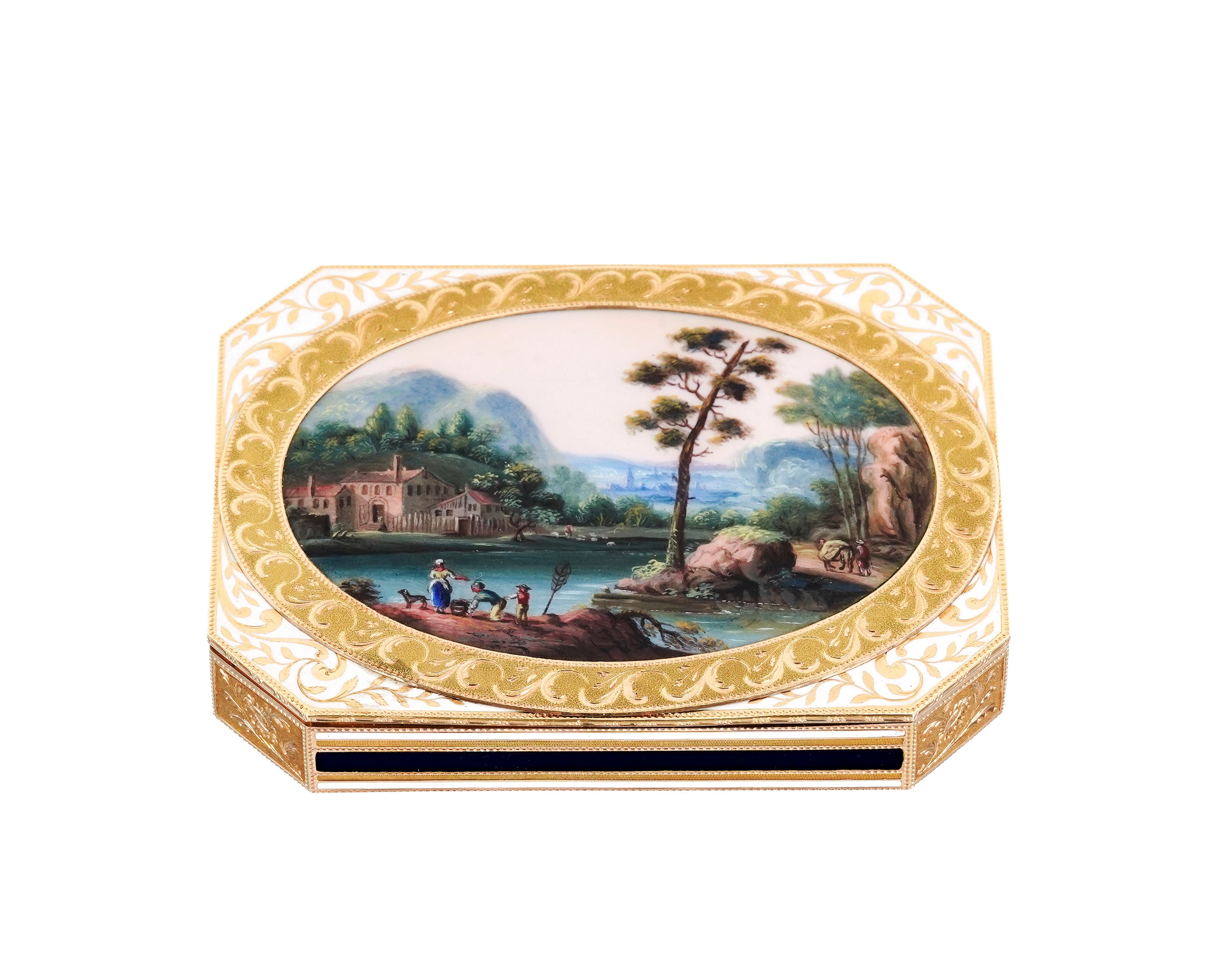 Tabatière rectangulaire en or jaune et émail à pans coupés, Suisse