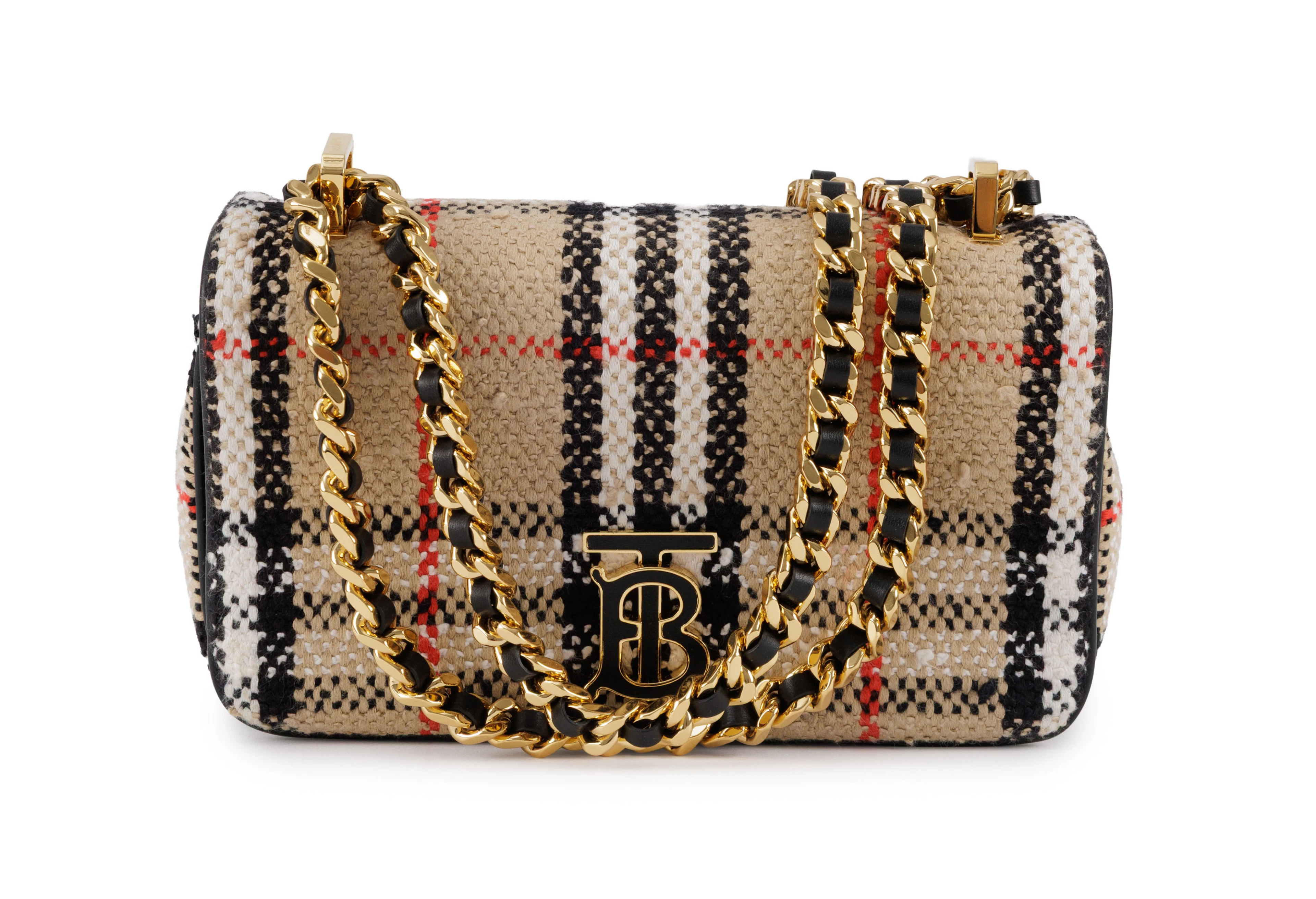 Burberry, sac mini Lola en tweed avec finitions en cuir noir, rabat