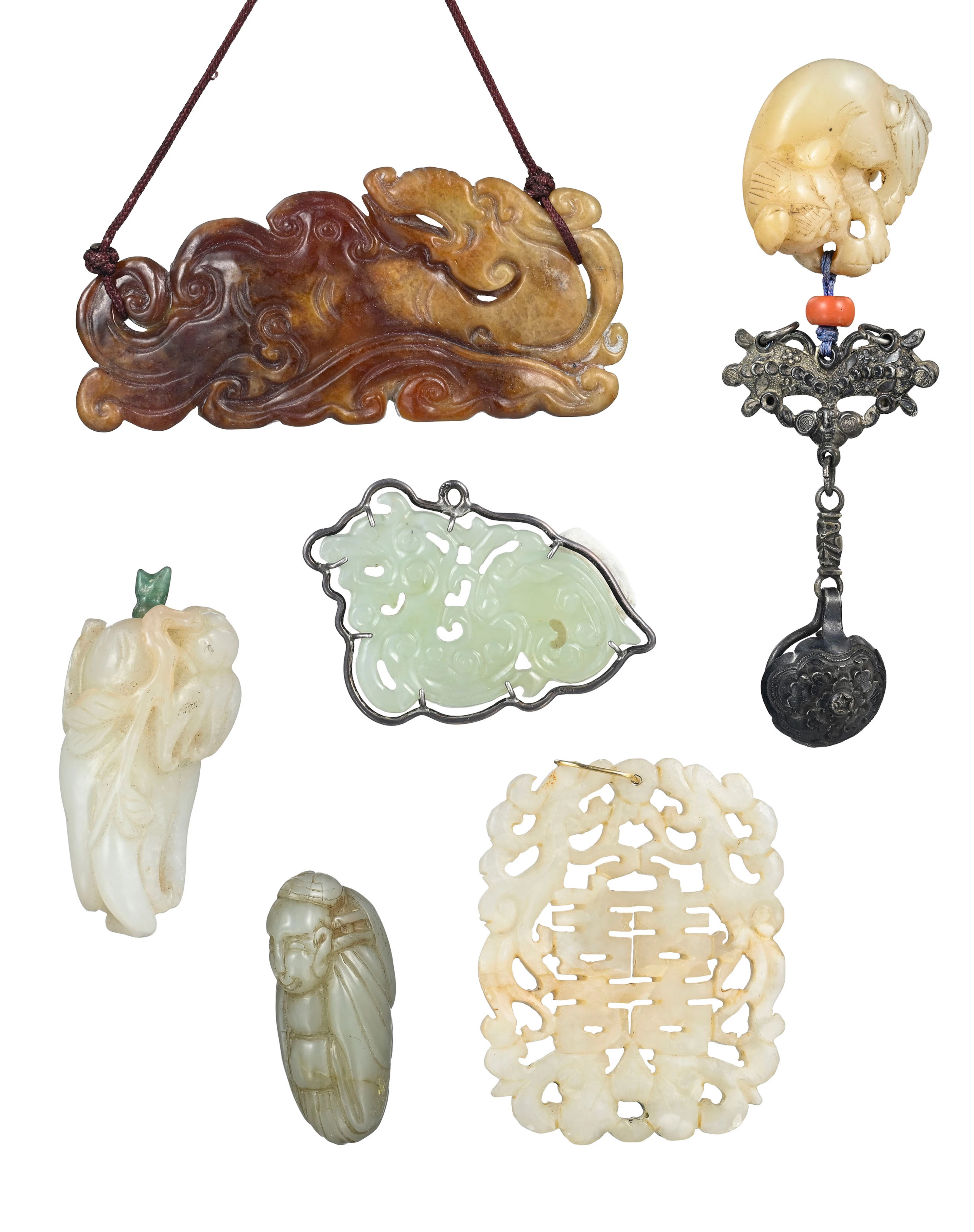 Ensemble de 5 sculptures et 1 flacon à priser en jade, Chine, comprenant: