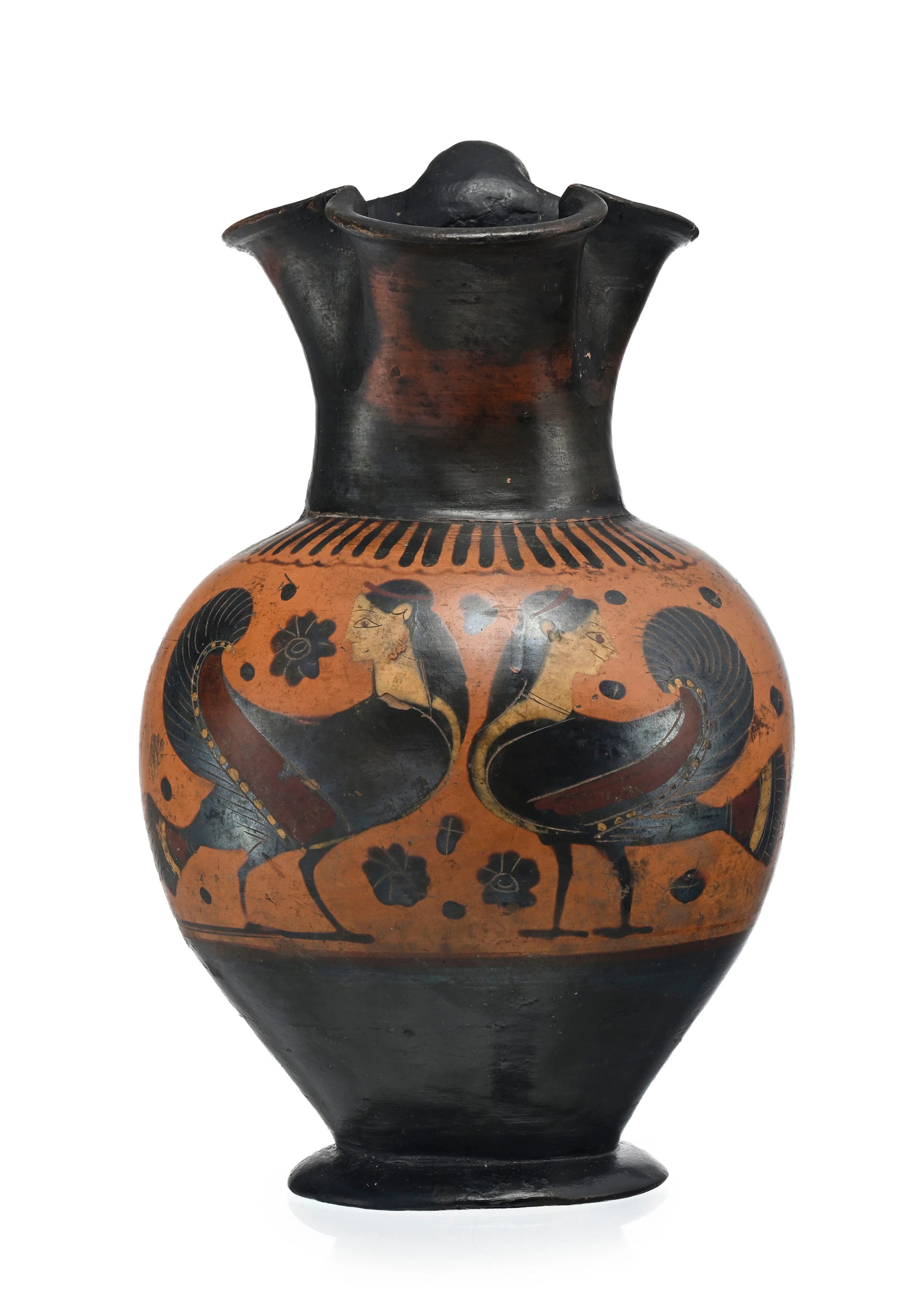 Œnochoé en terre cuite à figure noire, ~550 av. J.-C., Attique, rehauts