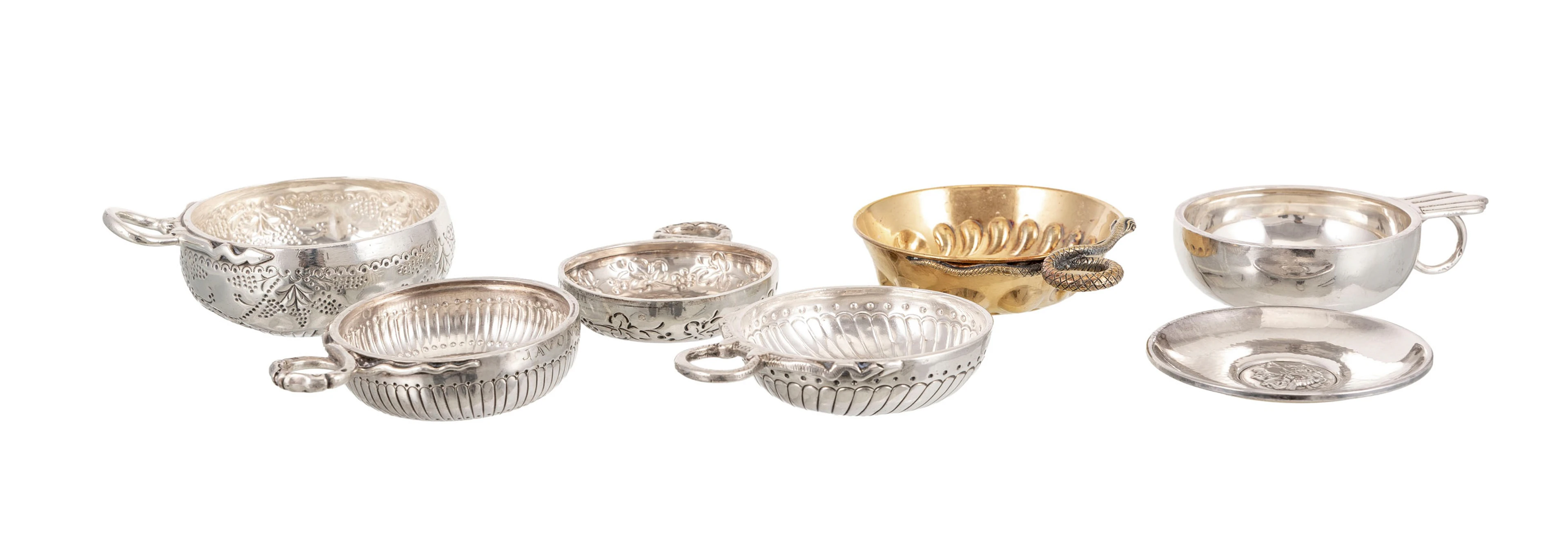 Ensemble de 6 tastevins en argent et vermeil, XVIIIe, Minerve 1er
