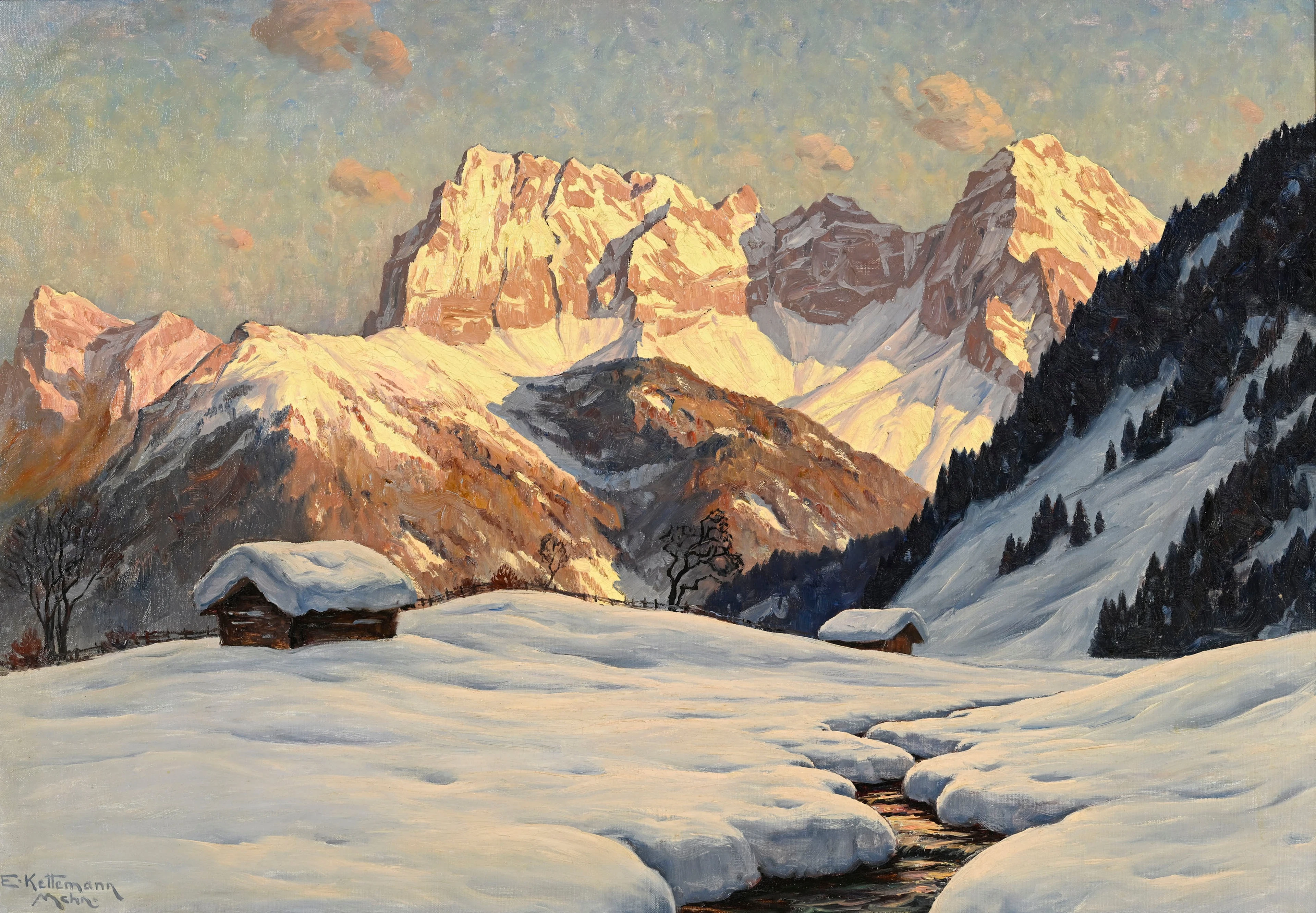 Erwin Kettemann (1897-1971), Montagne enneigée au coucher du soleil