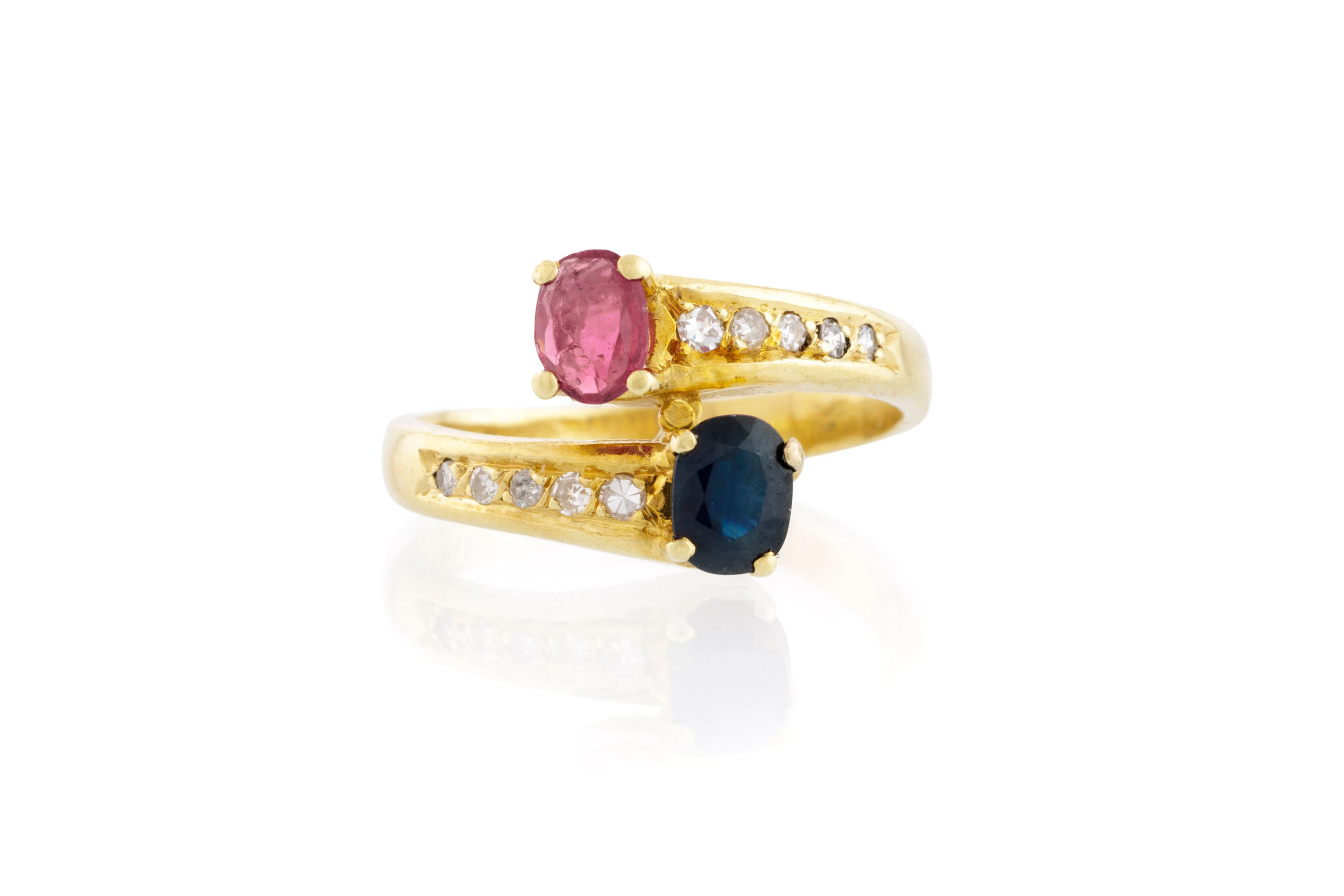 Bague Toi&Moi or 585 sertie de saphirs, l'un bleu et l'autre rose