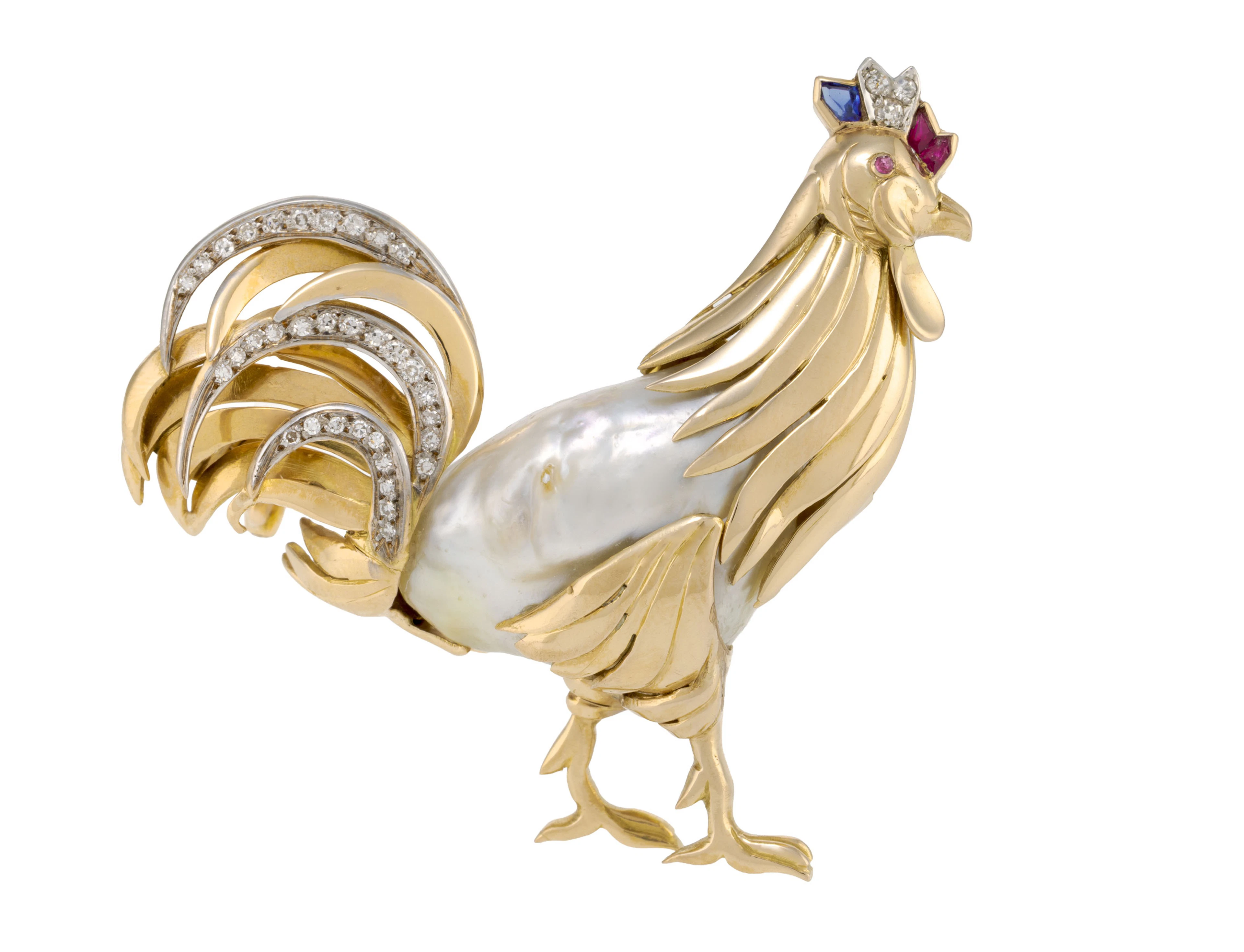 Broche coq années 1940-50 or 750 orné d'une perle de culture baroque