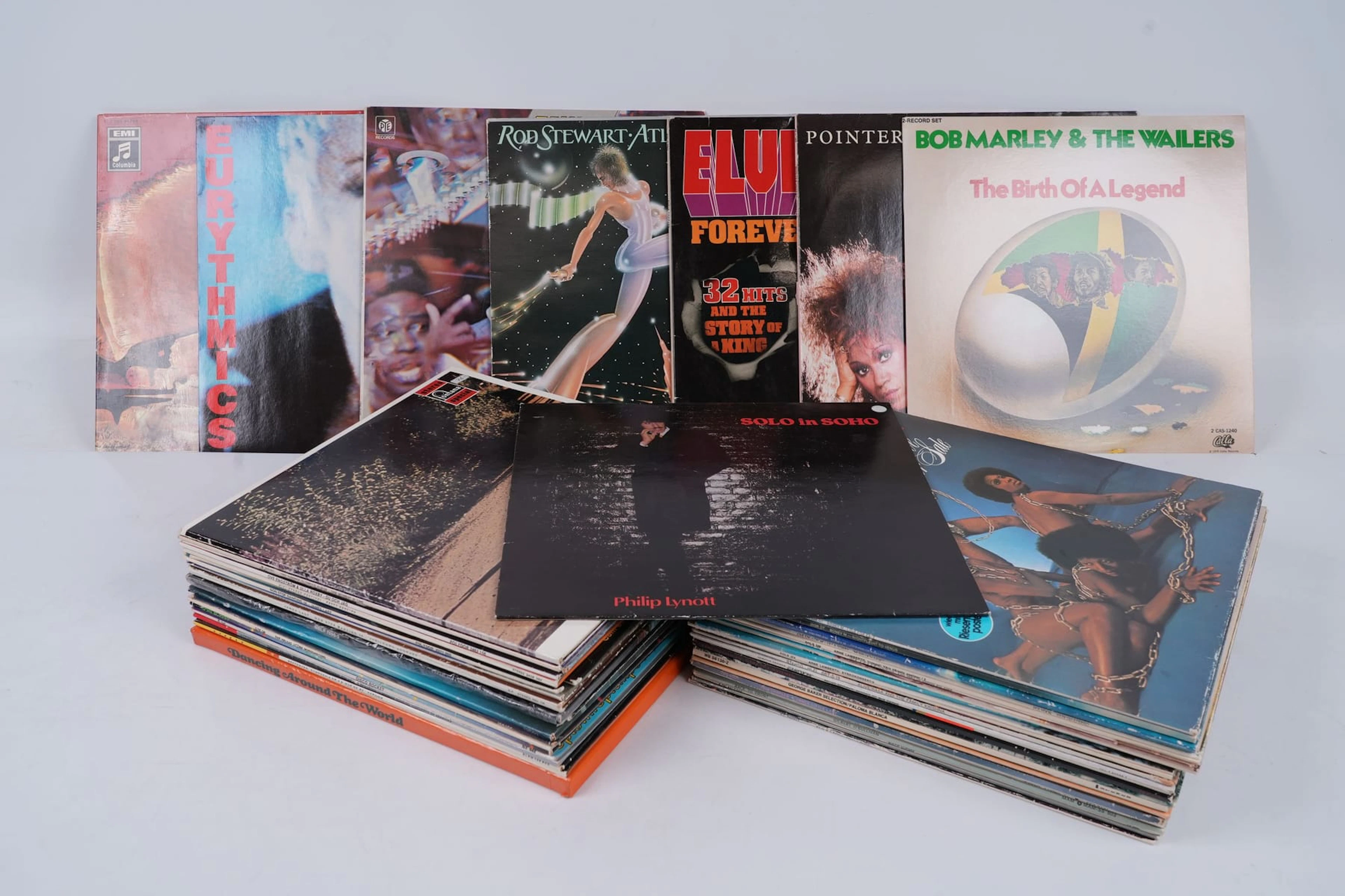PARTI med LP-SKIVOR, bl.a. Phil Lynott, Bob Marley, Eurythmics