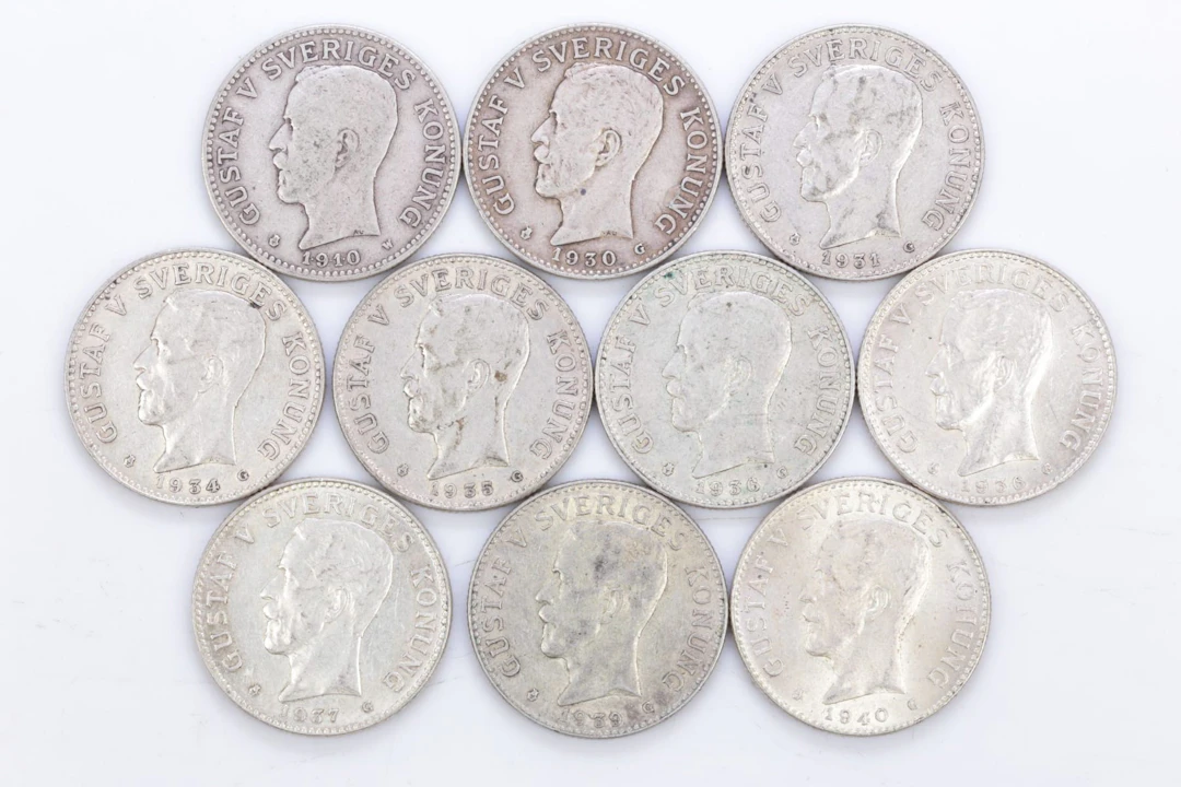 MYNT, 10 st, silver, två kronor, Gustaf V, 800/1000, 1910-1940