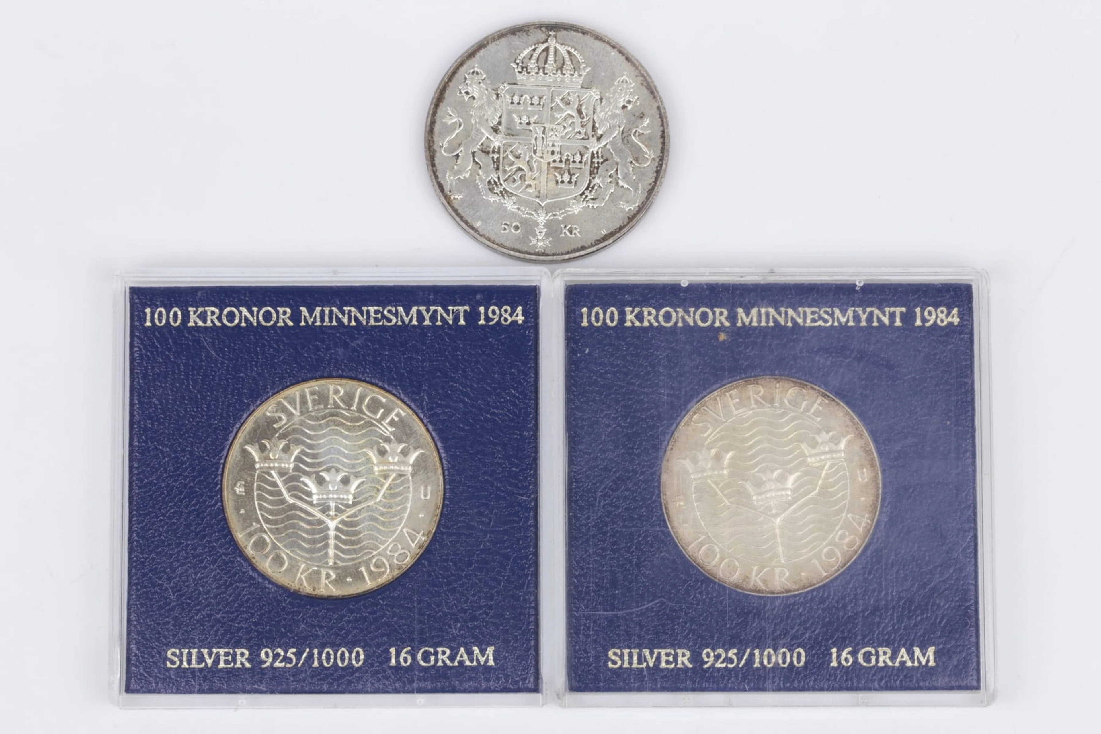 MINNESMYNT, 2+1 st, silver, á 50 kr resp. á 100 kr, Sverige, 1976, resp. 1984