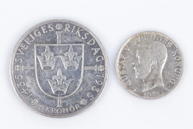 MYNT, 2 st, silver, fem kronor, 1935, resp. en krona, 1939