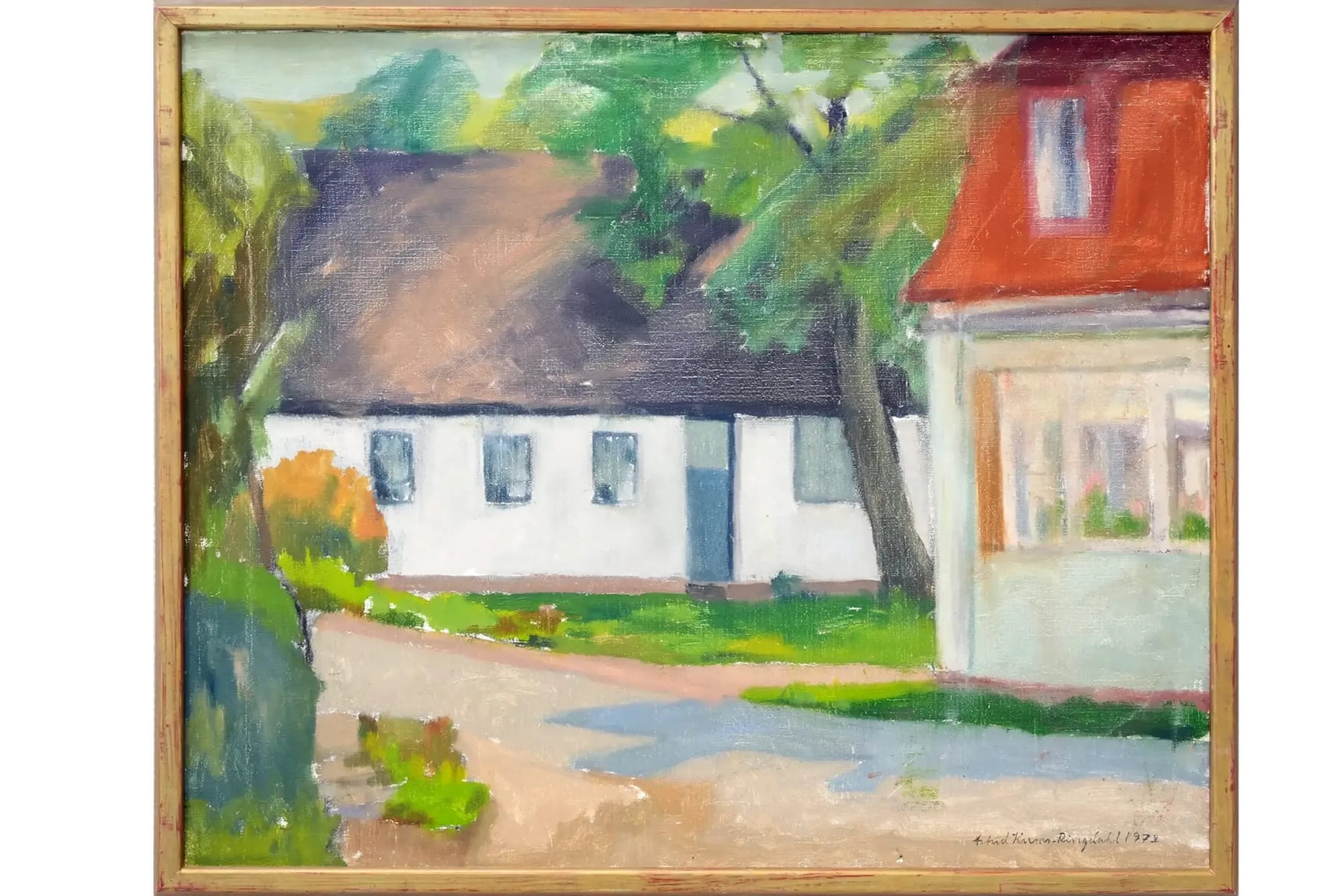 ASTRID HARMS RINGDAHL (1912-1984), olja på duk, "Hus i byn"