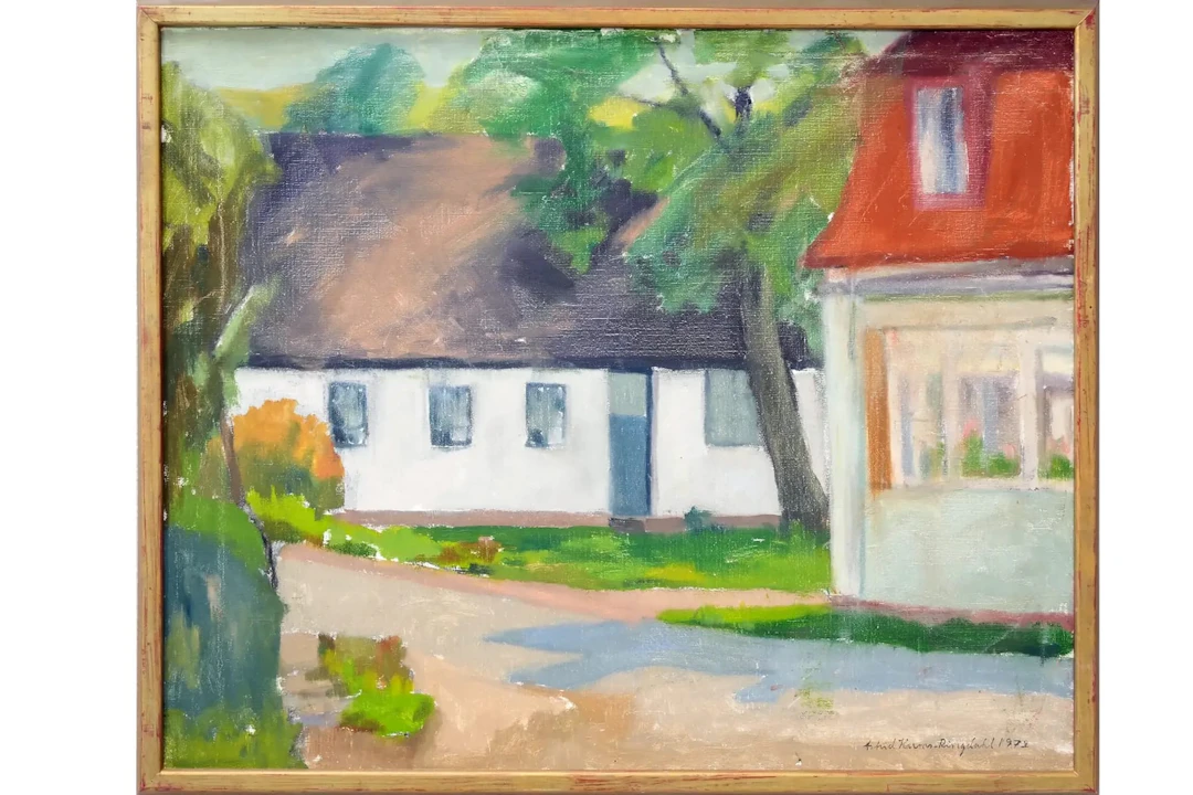 ASTRID HARMS RINGDAHL (1912-1984), olja på duk, "Hus i byn"