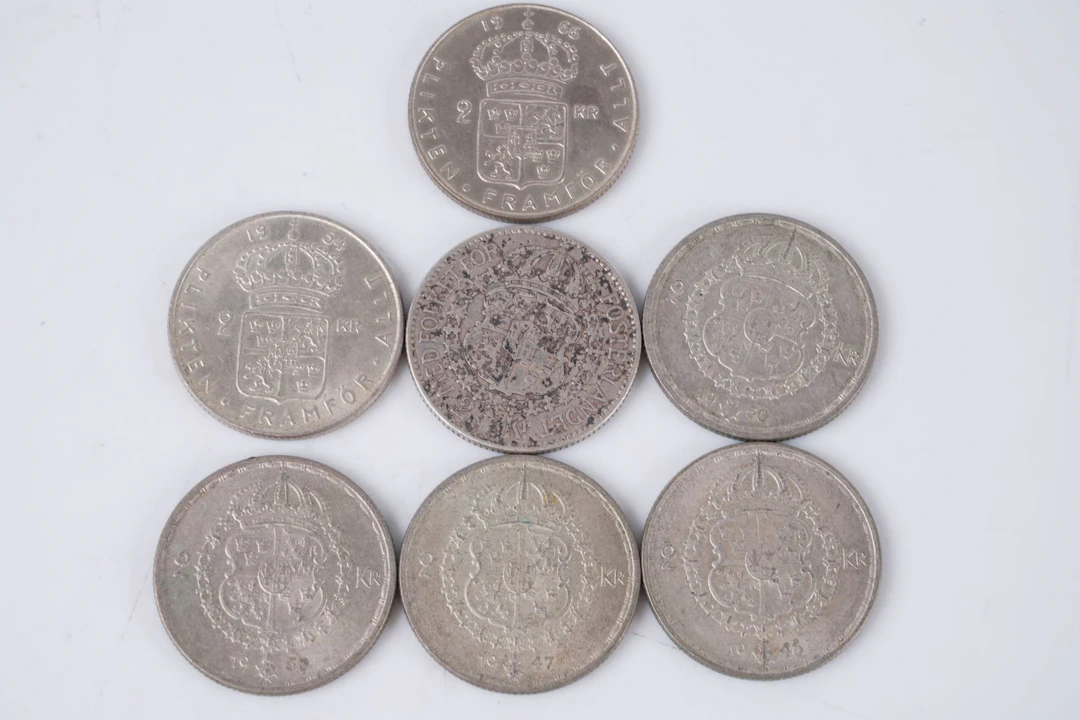 MYNT, 7 st, silver, två kronor, Sverige, 1924-1966