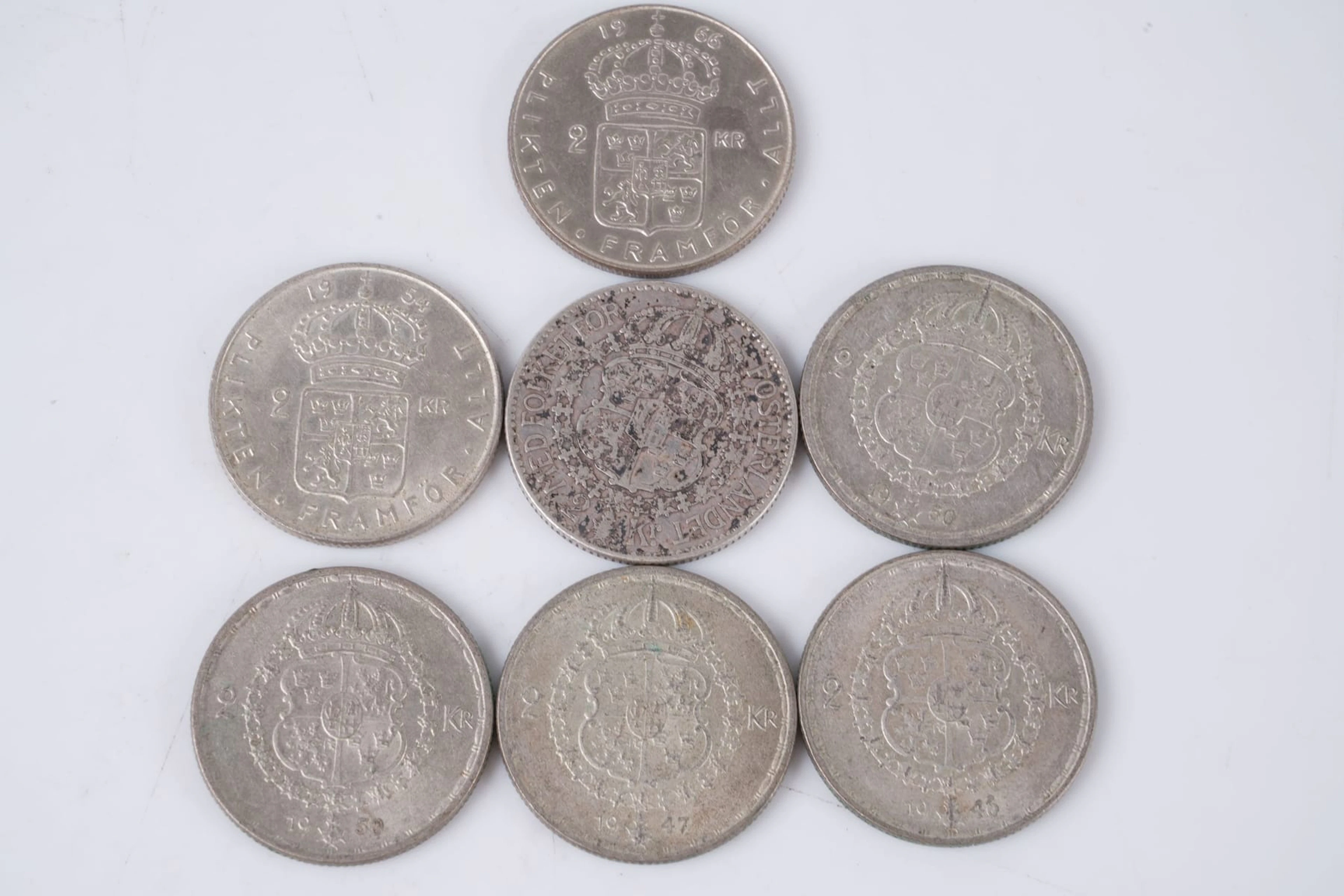 MYNT, 7 st, silver, två kronor, Sverige, 1924-1966