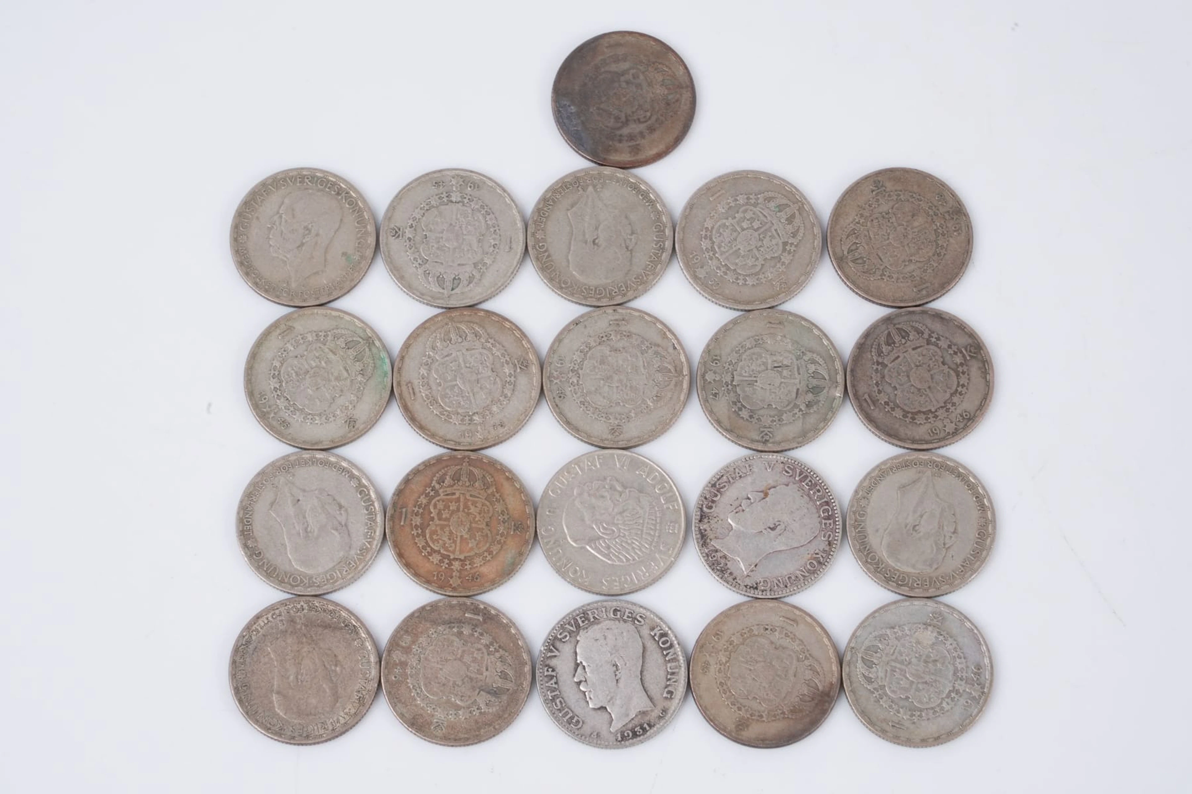 MYNT, 21 st, silver, en krona, Sverige, 1914-1965