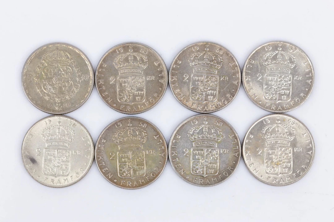 MYNT, 8 st, silver, två kronor, 1950-1965