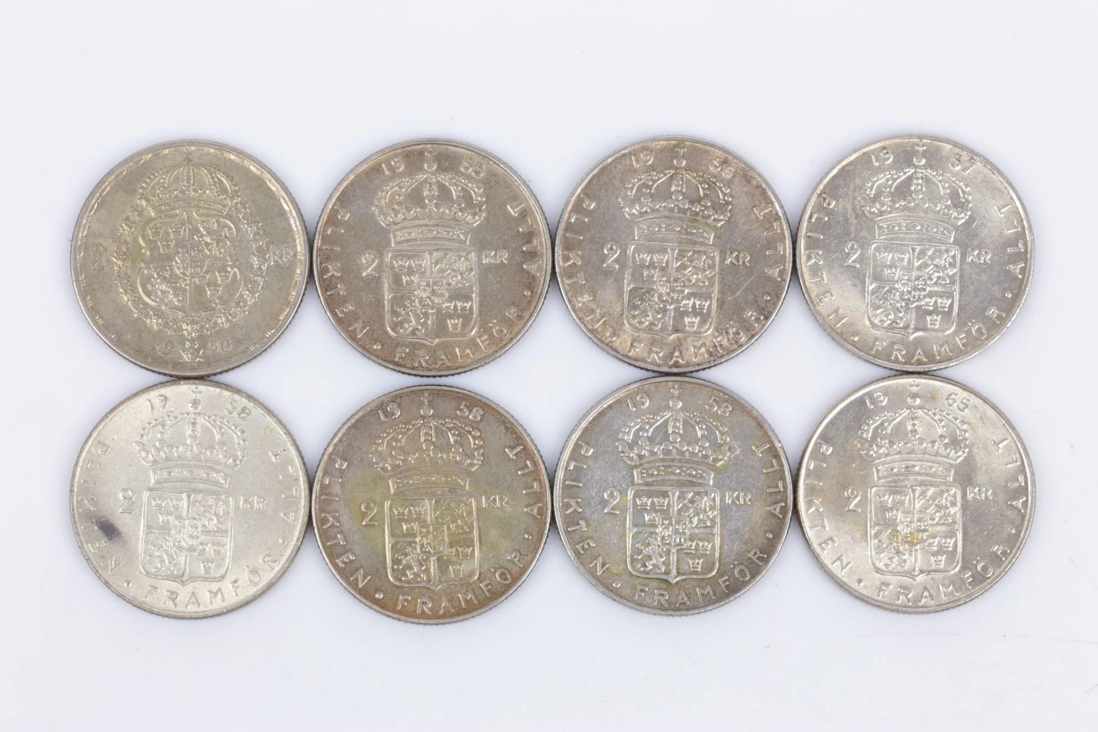 MYNT, 8 st, silver, två kronor, 1950-1965