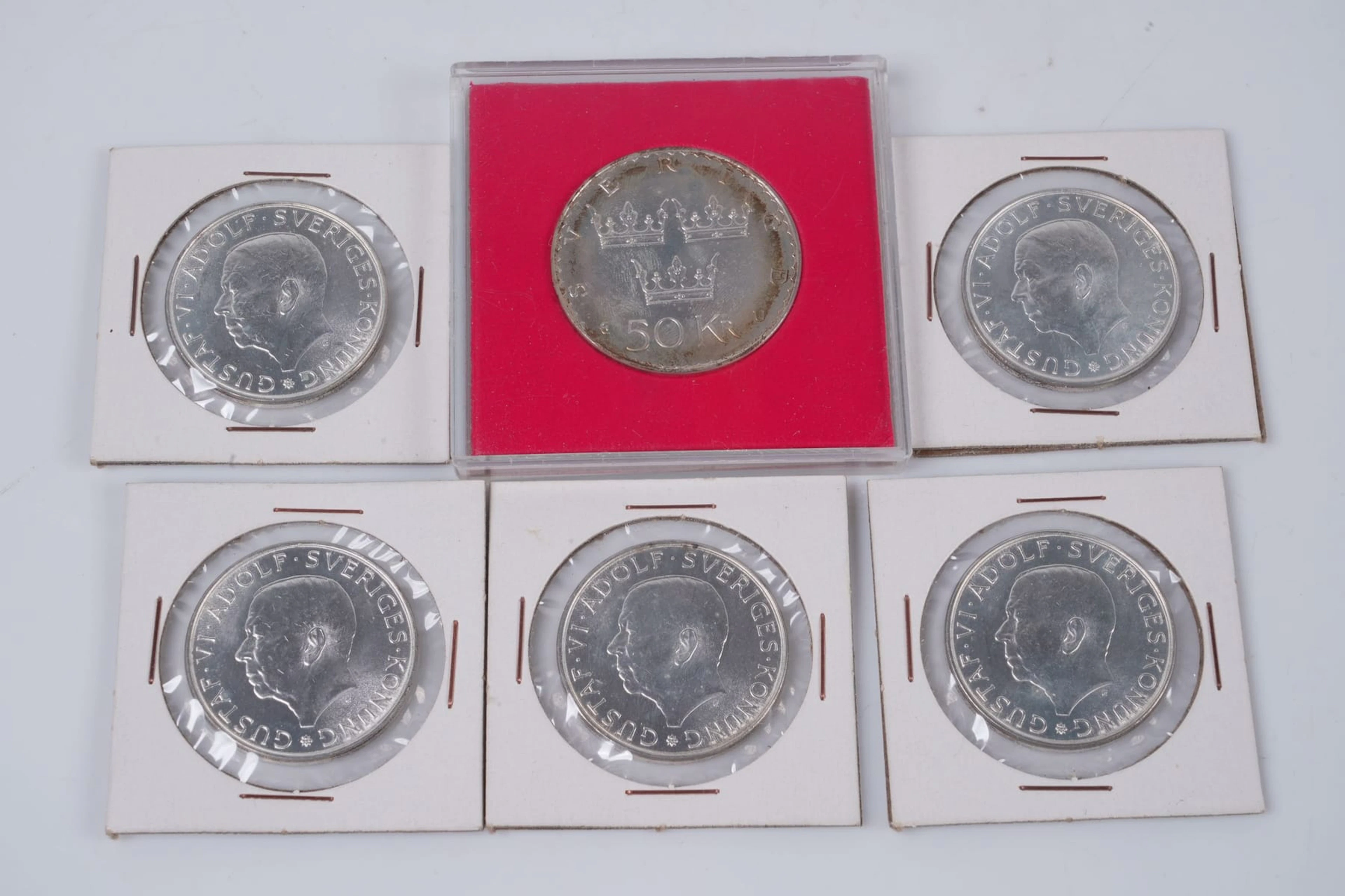 MYNT, 5+1 st, silver, á tio kronor resp. á femtio kronor, Sverige