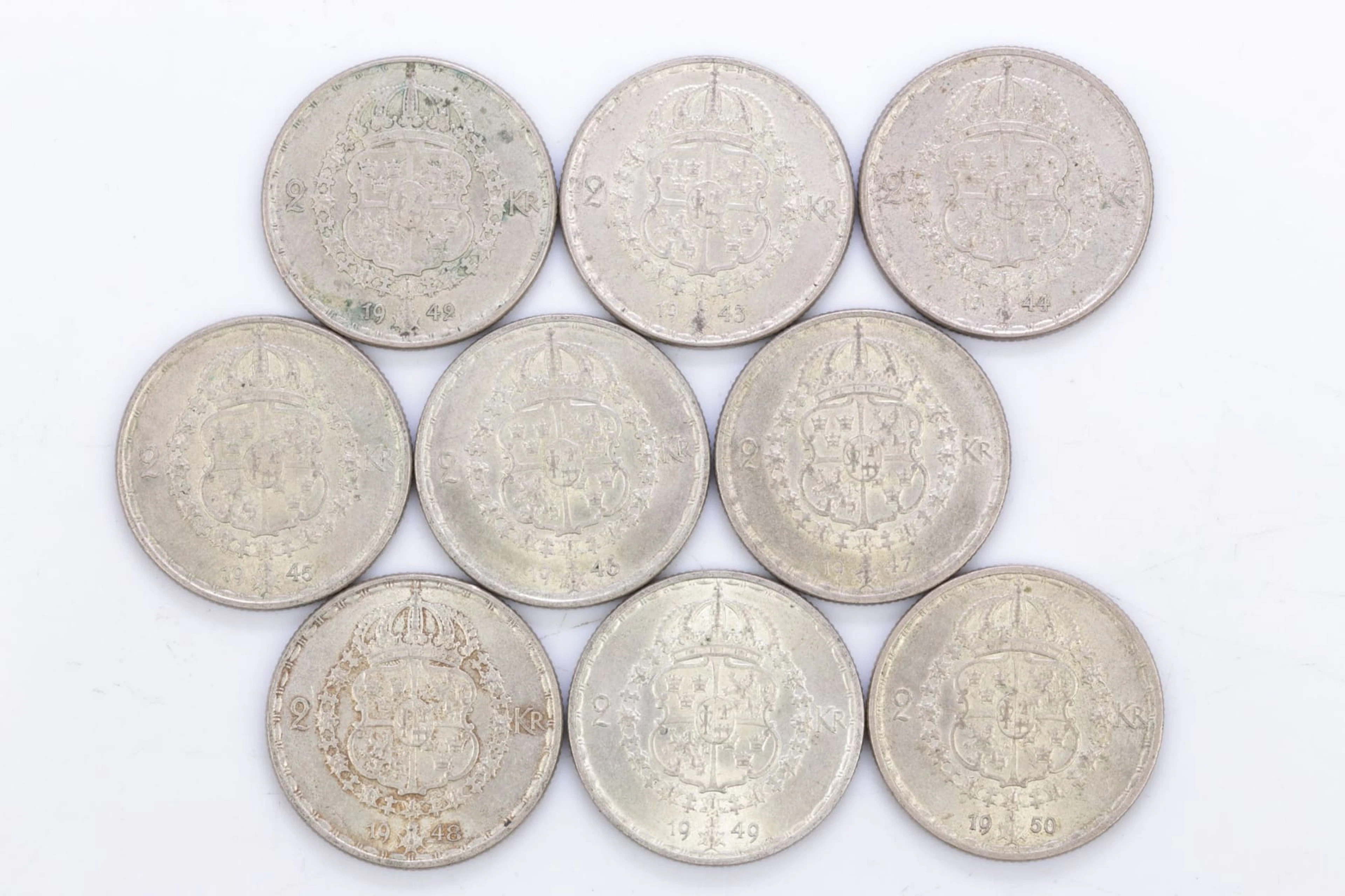MYNT, 9 st, silver, två kronor, Gustaf V, 400/1000, 1942-1950